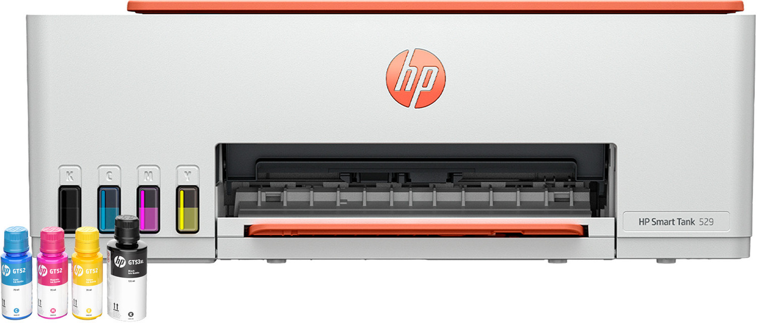 HP Smart All In One 529 Multi-function Color Ink Tank Printer with Voice Activated Printing Google Assistant and Alexa (Color Page Cost: 0.2 Rs. | Black Page Cost: 0.1 Rs. | Borderless Printing) Print, Copy & Scan, Up to 12 IPM Mono / 5 IPM Color, Yield: Up to 4,000 Black / 6,000 Color Pages, In-Box Ink Included