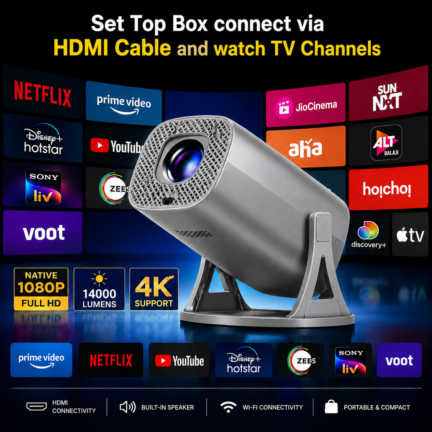Image of Prime Projector MiniMax Pro Android 13 Smart Mini Projector | 6500 Lumens | 4K Ultra HD Support (6500 lm / 2 Speaker / Wireless / Remote Controller) Portable Projector (100% Dust Proof Wi-Fi 6 & Bluetooth 5.2 Screen Mirroring)