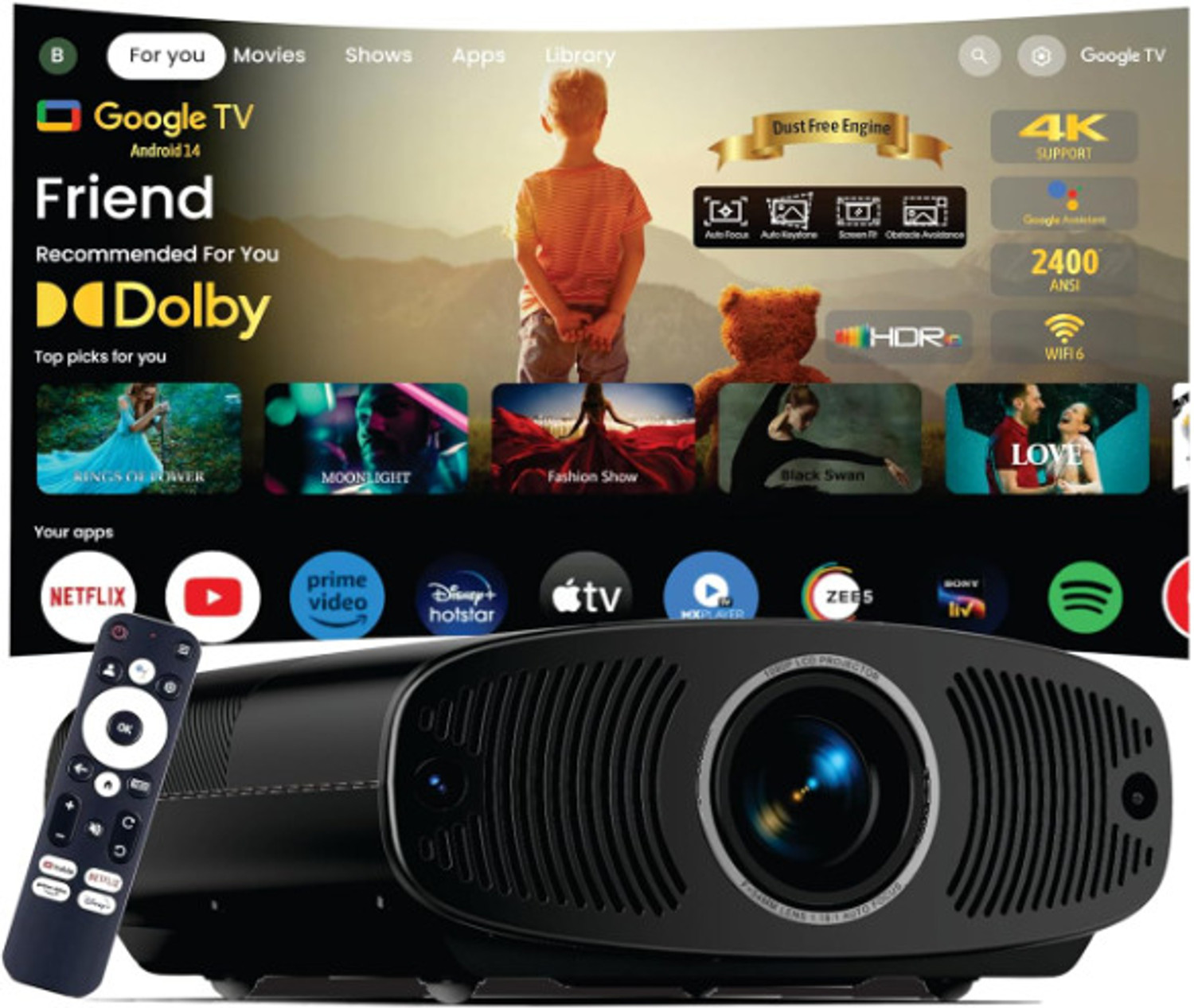 Image of BORSSO BS50 AIR(GTV)Certified Android 14(2gb /32gb)Projector 4K Ultra HD Fully Automatic (2400 lm / Wireless / Remote Controller) Portable Projector (Closed Engine 4K HDR10 Ultra Bright 2400AN HDMI ARC Dolby Audi BT 5.2 Dual Wi-Fi)