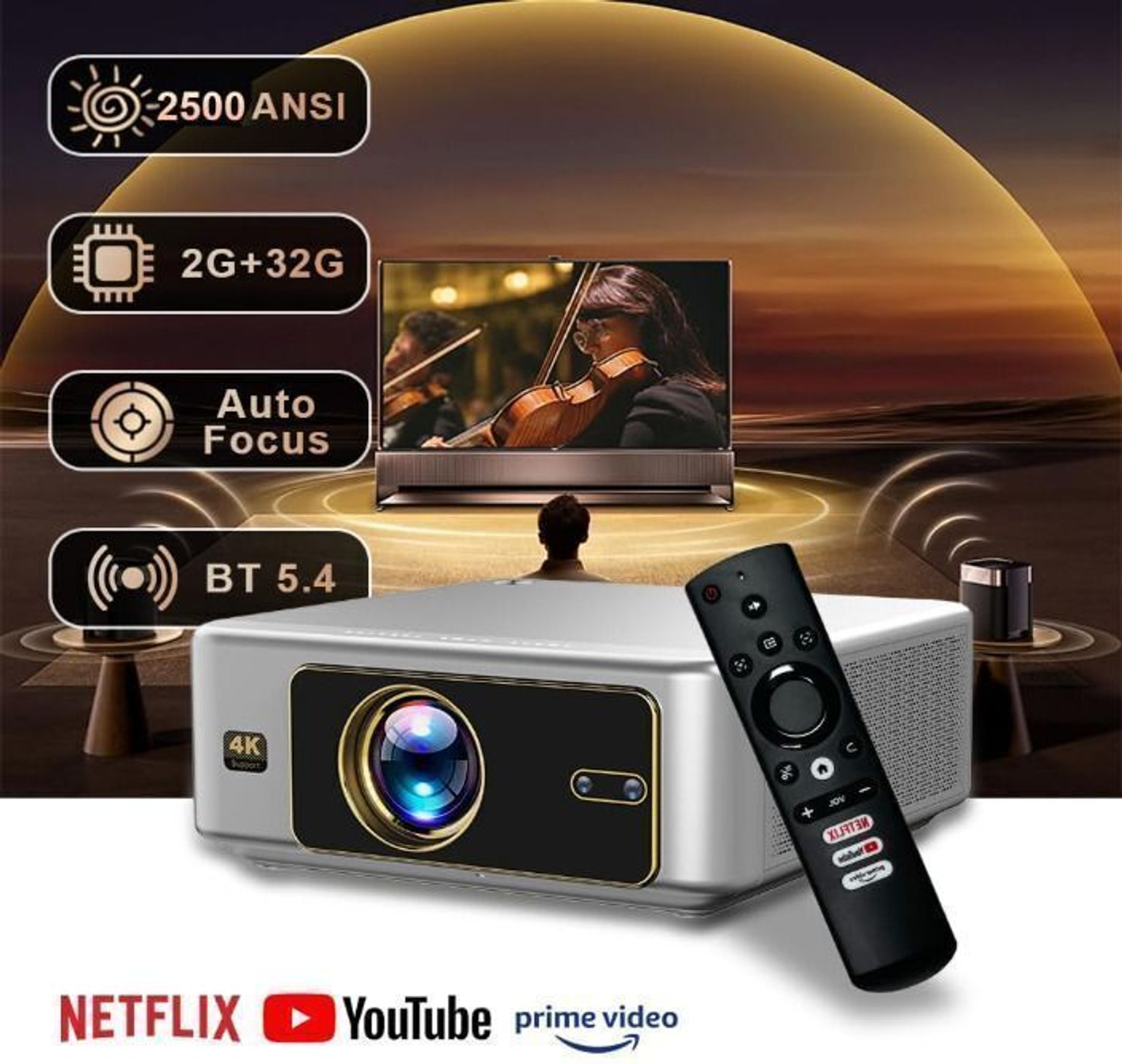 Image of Toptro Quadra Projector Dolby Digital Plus with Atmos, 4K HDR10+, Net-Flix Certified (32000 lm / Wireless / Remote Controller) Portable Projector (32000Lumen,Dual HDMI-EARC,Fully Sealed,YouTube Hot* Prime,Linux OS 1080p)