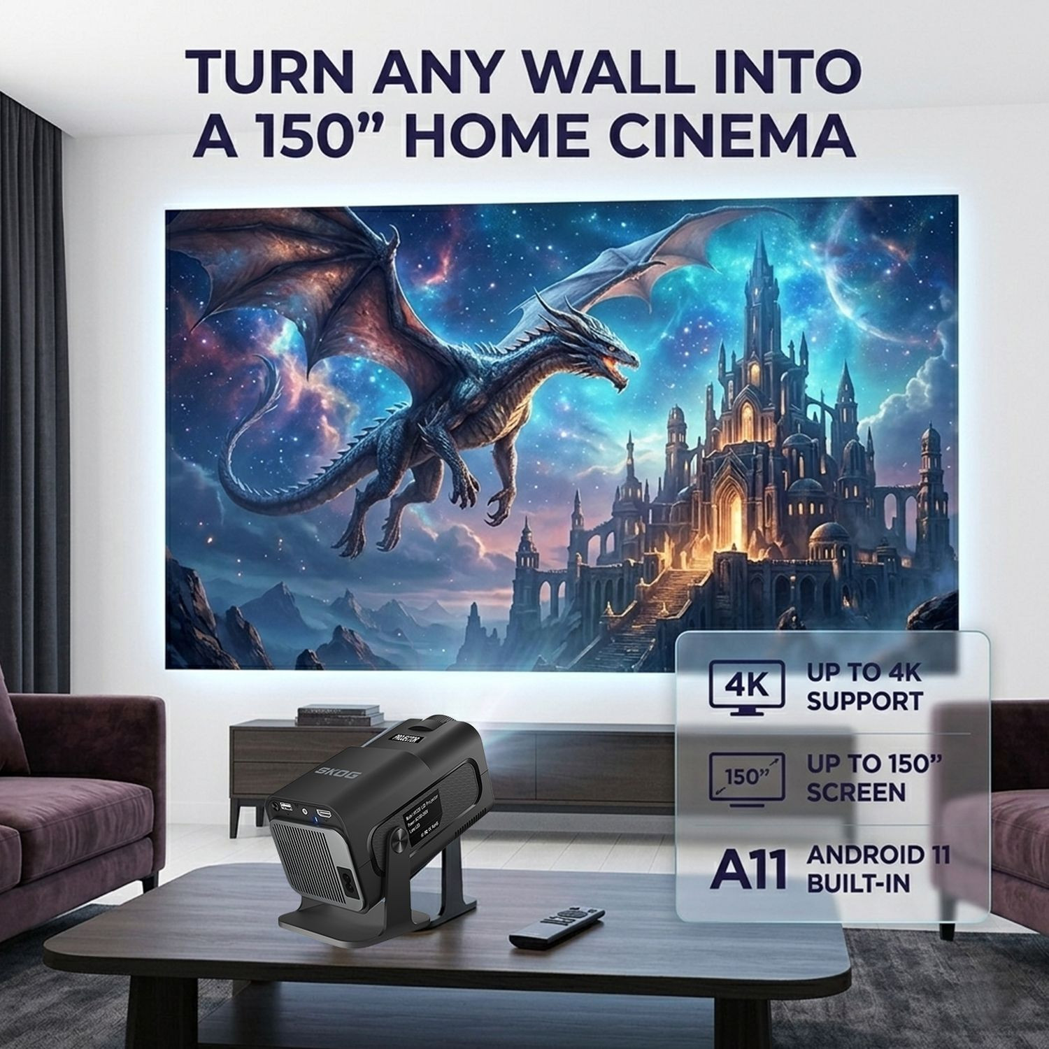 Image of Nexila Portable Mini Projector 4K Support, Full HD 1080P Android 11 Smart Projector (200 lm / 1 Speaker / Wireless / Remote Controller) Portable Projector (White)