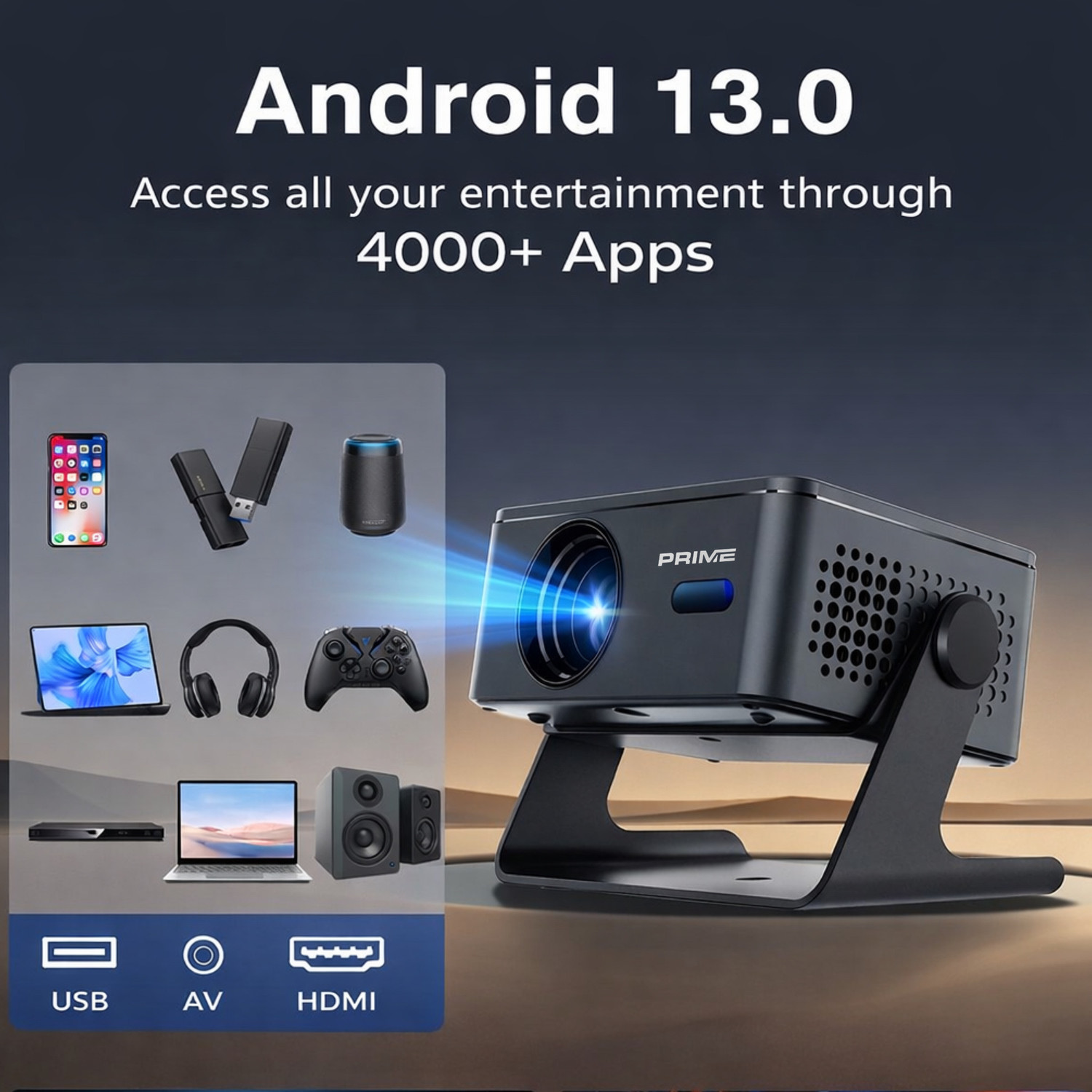 Image of Prime Projector MiniMax Pro Android 13 Smart Mini Projector | 6500 Lumens | 4K Ultra HD Support (6500 lm / 2 Speaker / Wireless / Remote Controller) Portable Projector (100% Dust Proof Wi-Fi 6 & Bluetooth 5.2 Screen Mirroring)