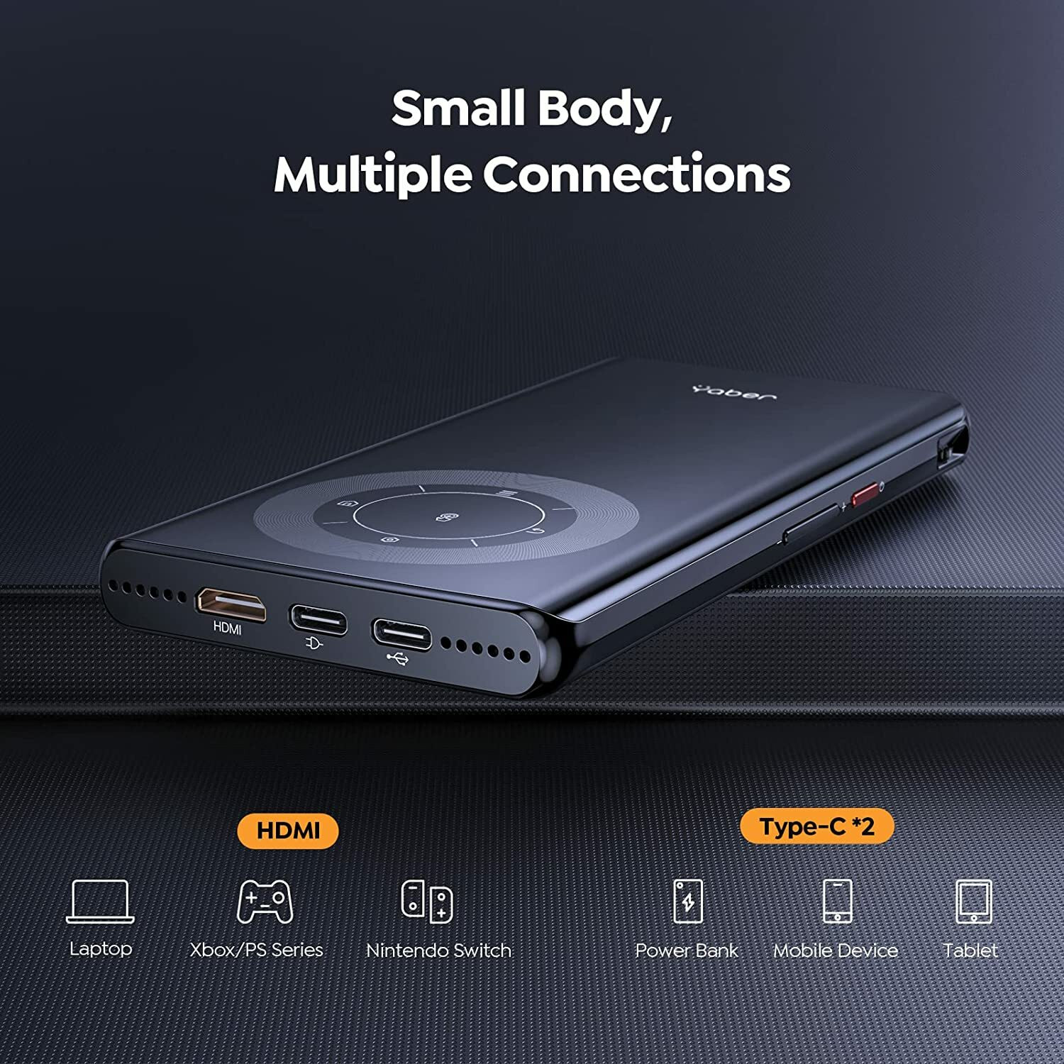 Image of YABER Pico T1 Mini Pocket Portable Projector with WiFi, Bluetooth & Power Bank (110 lm / 1 Speaker / Wireless / Remote Controller) Portable Projector (Black)