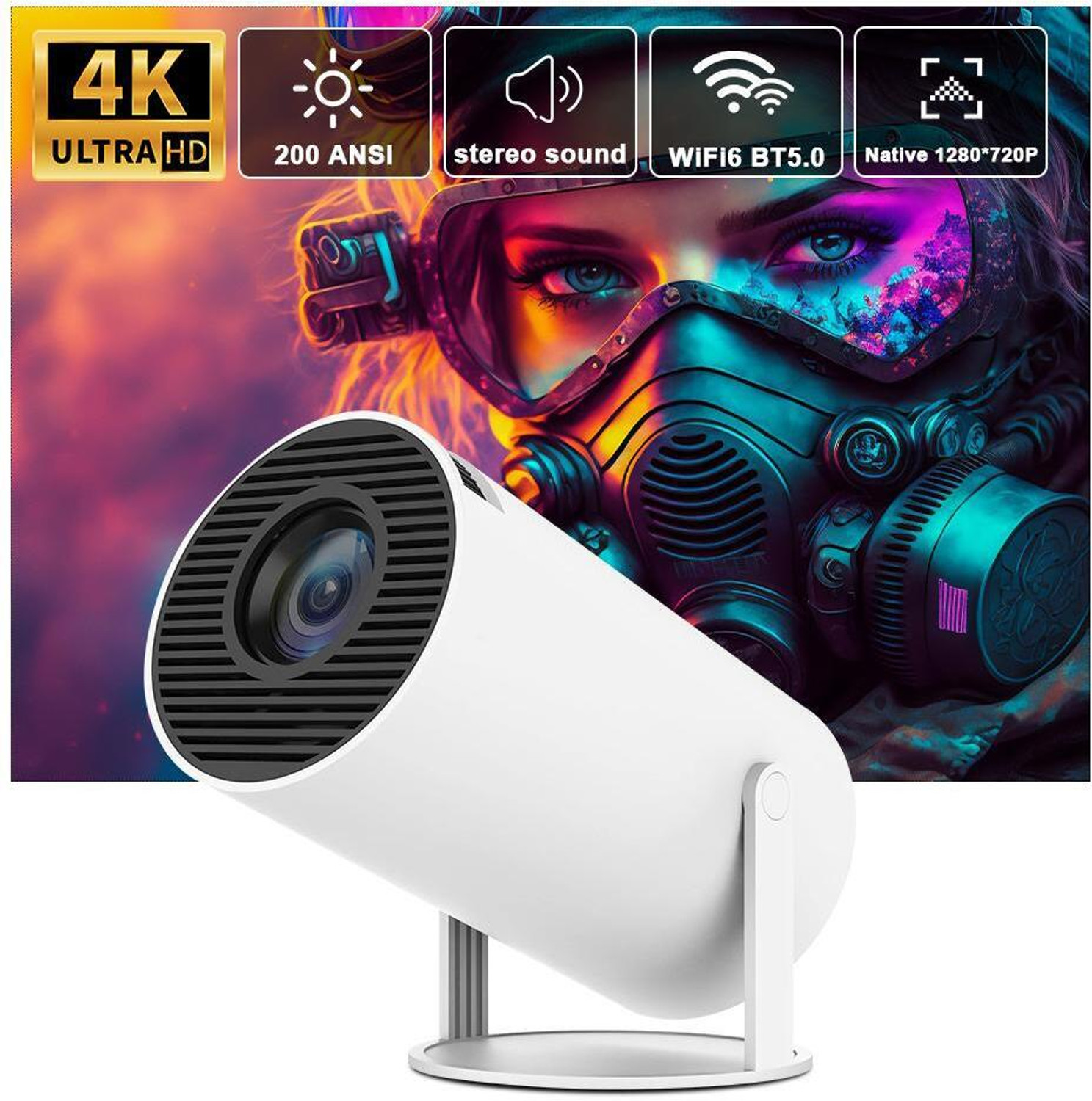 Image of OLV Portable Mini Projector, 4K 1080P Full Smart HD, WiFi 5G BT 5.0 with 180 rotate (6000 lm / Remote Controller) Portable Projector (White, Black)