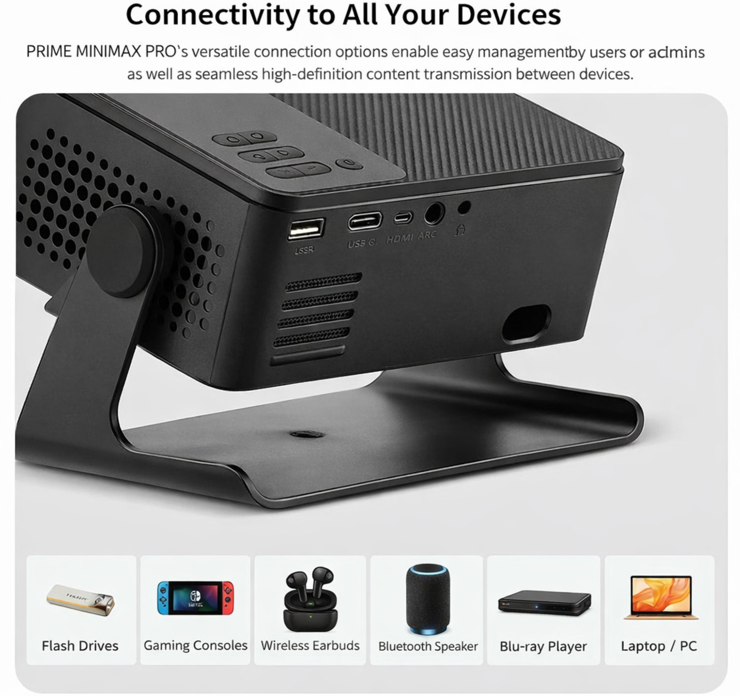 Image of Prime Projector MiniMax Pro Android 13 Smart Mini Projector | 6500 Lumens | 4K Ultra HD Support (6500 lm / 2 Speaker / Wireless / Remote Controller) Portable Projector (100% Dust Proof Wi-Fi 6 & Bluetooth 5.2 Screen Mirroring)