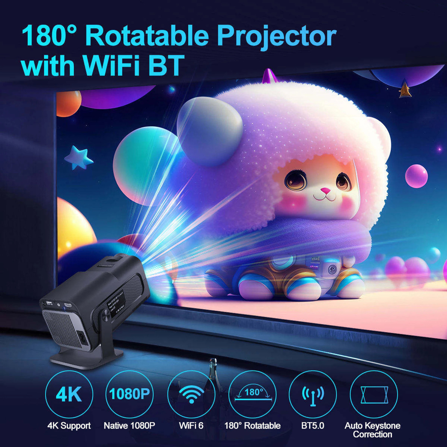 Image of Divine creation HY320 Mini 4K Support Smart Android 13 Projector with WiFi 6 HD Home Theater C34 (5000 lm / Wireless / Remote Controller) Portable Projector (Black)