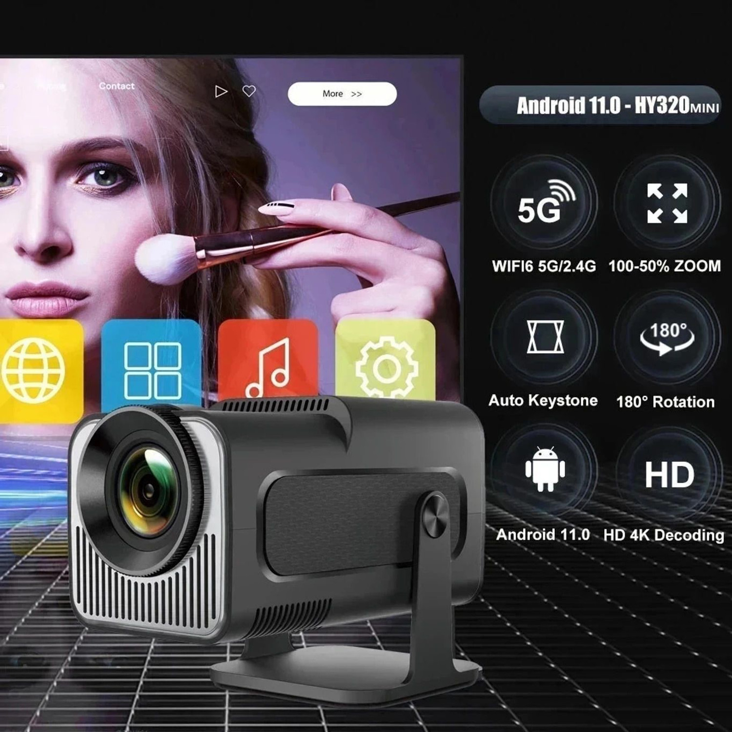 Image of Zync HY320 Mini Android 11 Smart 4K Ultra HD LED Short Throw Home Cineama 720P (8000 lm / 1 Speaker / Wireless / Remote Controller) Portable Projector (Dark Black)
