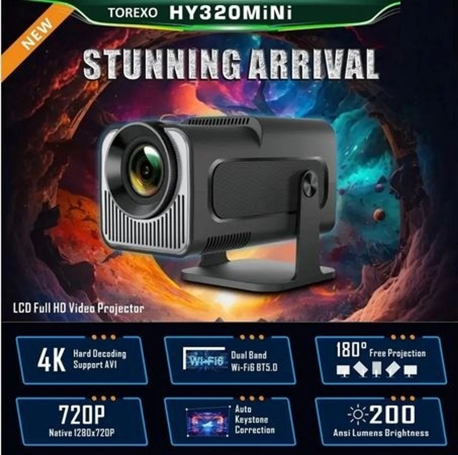 Image of Divine creation HY320 Mini 4K Support Smart Android 13 Projector with WiFi 6 HD Home Theater J91 (5000 lm / Wireless / Remote Controller) Portable Projector (Black)