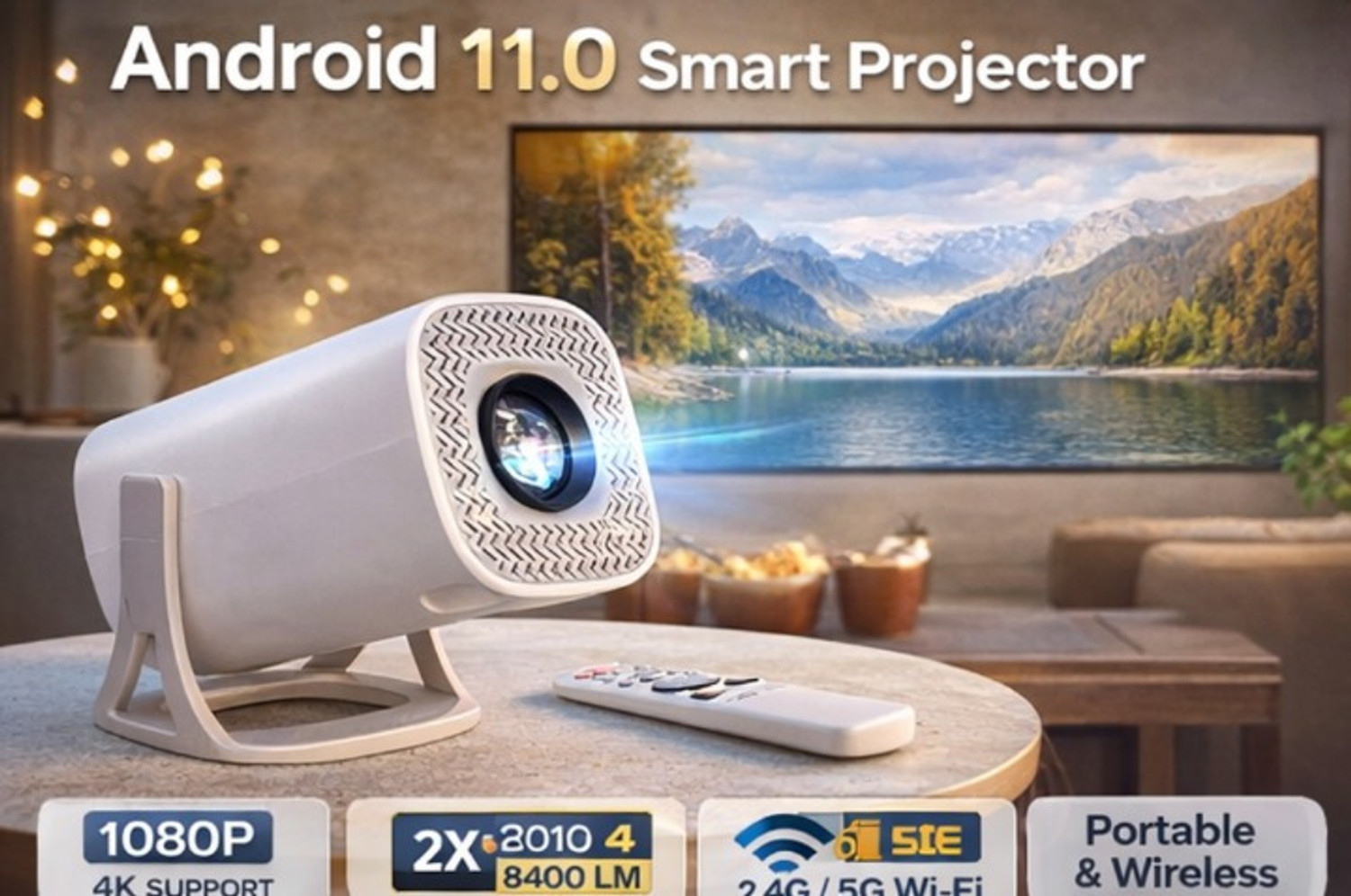 Image of WATTON Android 11.0 Smart Projector,1080P & 4K Support,2x Brighter,2.4G & 5G Wifi (8400 lm / 1 Speaker / Wireless / Remote Controller) Portable Projector (White)