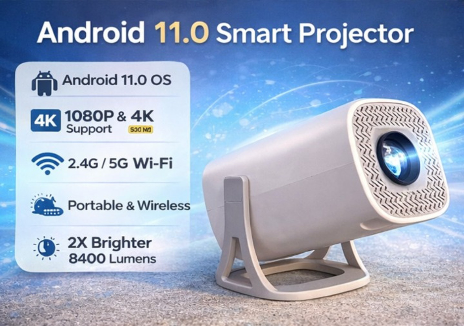Image of WATTON Android 11.0 Smart Projector,1080P & 4K Support,2x Brighter,2.4G & 5G Wifi (8400 lm / 1 Speaker / Wireless / Remote Controller) Portable Projector (White)