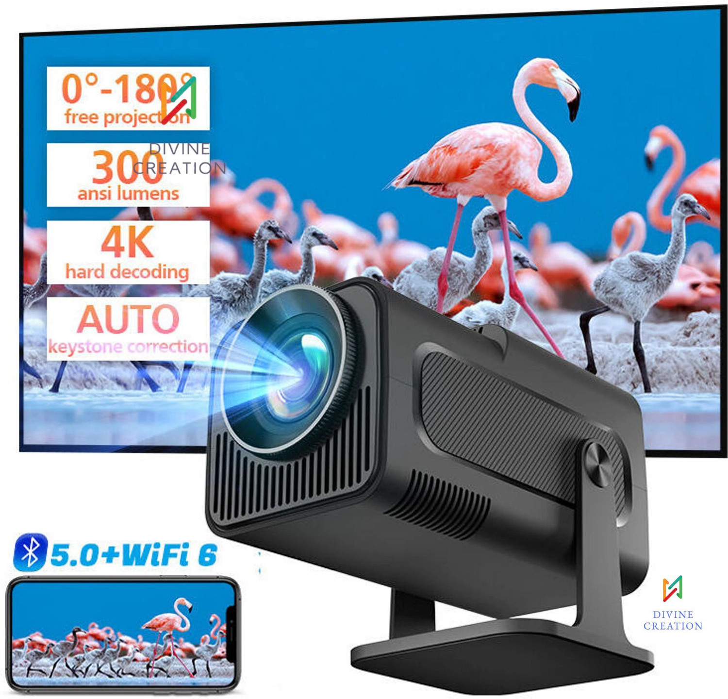 Image of Divine creation HY320 Mini 4K Support Smart Android 13 Projector with WiFi 6 HD Home Theater J43 (5000 lm / Wireless / Remote Controller) Portable Projector (Black)