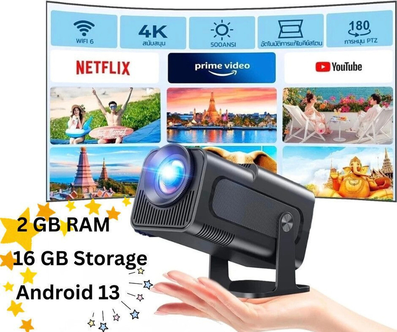 Image of Divine creation HY320 Mini 4K Support Smart Android 13 Projector with WiFi 6 HD Home Theater C83 (5000 lm / Wireless / Remote Controller) Portable Projector (Black)