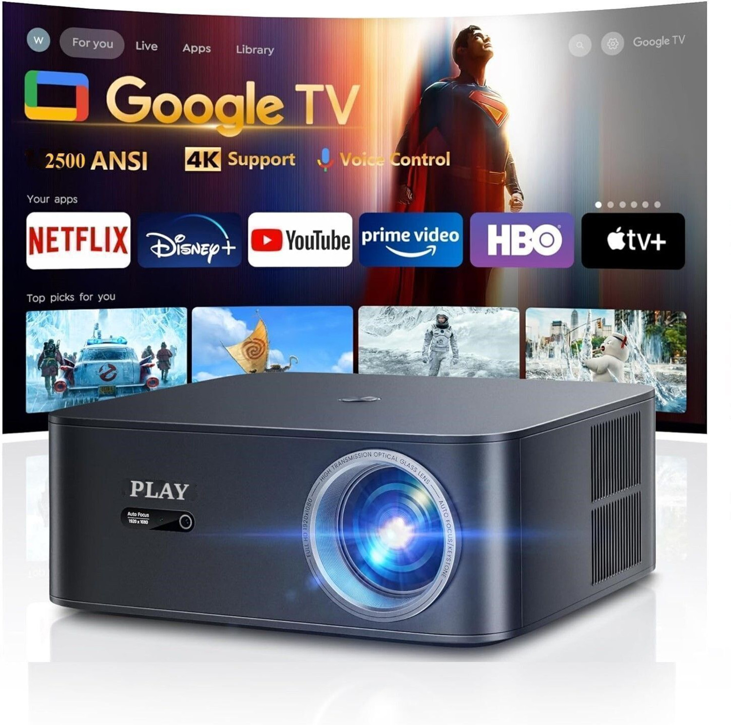 Image of Toptro Quadra Projector Dolby Digital Plus with Atmos, 4K HDR10+, Net-Flix Certified (32000 lm / Wireless / Remote Controller) Portable Projector (32000Lumen,Dual HDMI-EARC,Fully Sealed,YouTube Hot* Prime,Linux OS 1080p)