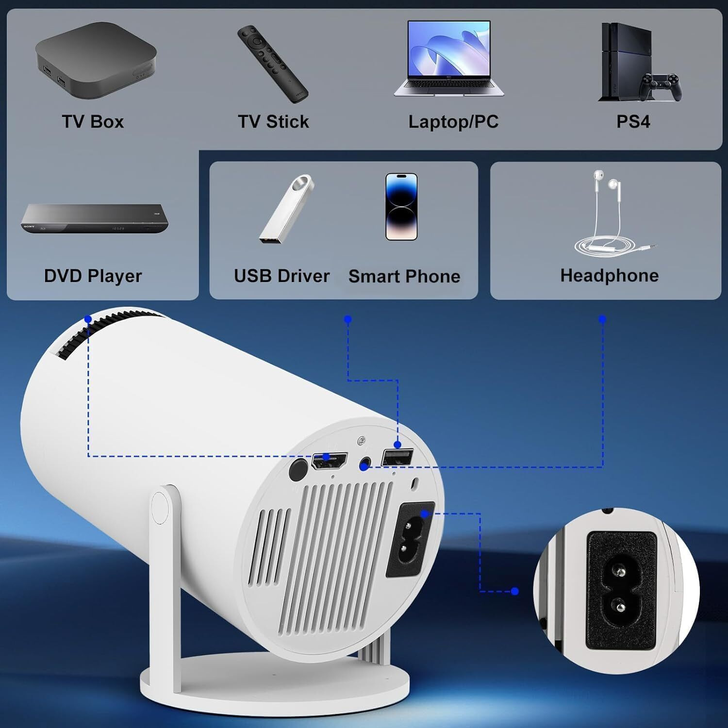 Image of Wifton Portable 4K Supported LED Projector for Indoor & Outdoor Entertainment (6000 lm / 1 Speaker / Wireless / Remote Controller) Portable Projector (White)