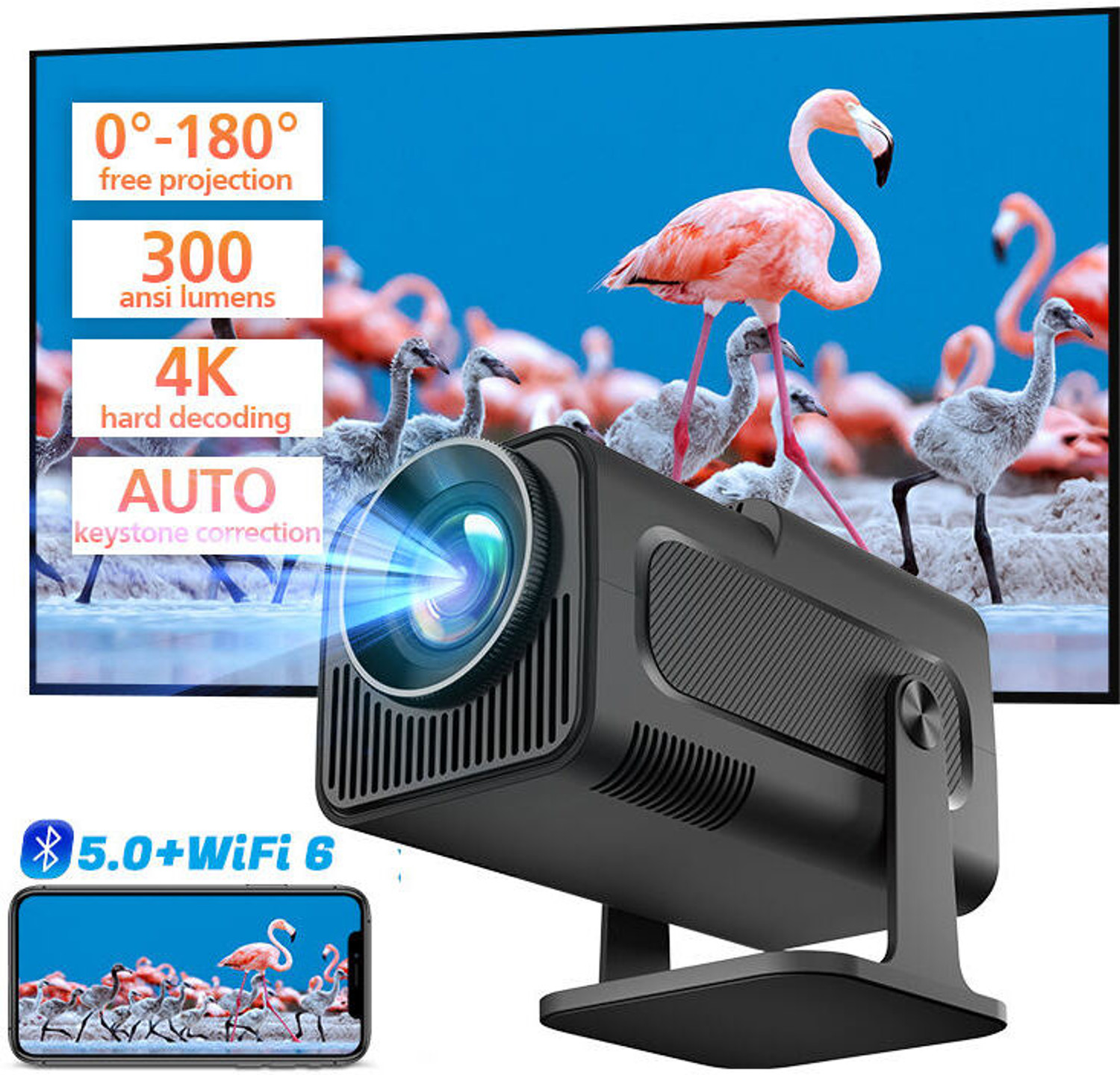 Image of Divine creation HY320 Mini 4K Support Smart Android 13 Projector with WiFi 6 HD Home Theater D80 (5000 lm / Wireless / Remote Controller) Portable Projector (Black)