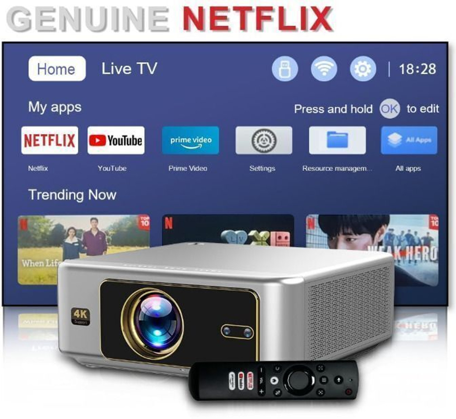 Image of Toptro Quadra Projector Dolby Digital Plus with Atmos, 4K HDR10+, Net-Flix Certified (32000 lm / Wireless / Remote Controller) Portable Projector (32000Lumen,Dual HDMI-EARC,Fully Sealed,YouTube Hot* Prime,Linux OS 1080p)