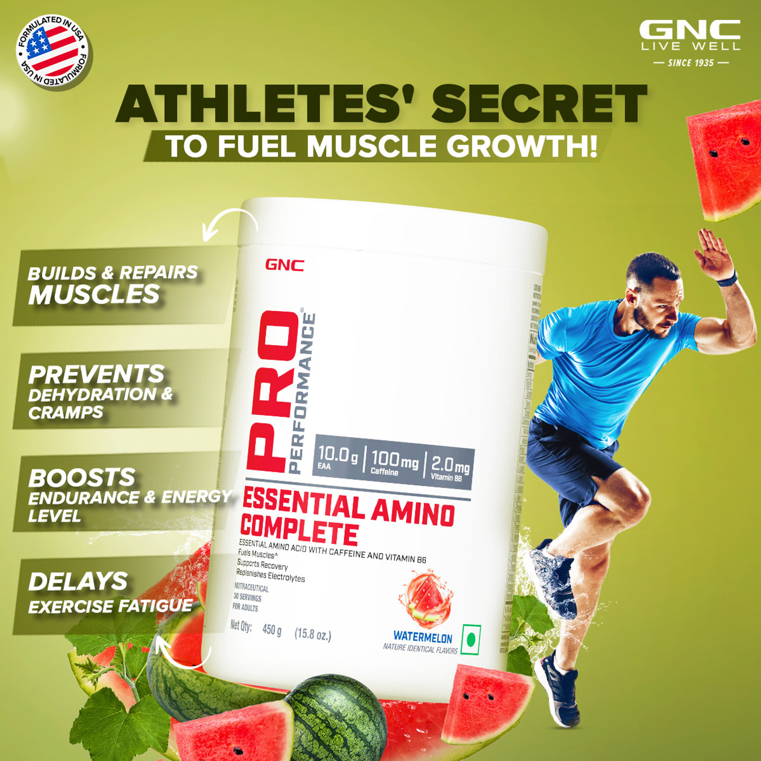 Image of GNC Ind Essential Amino Complete Watermelon Powder 450gm EAA (Essential Amino Acids) (450 g, Watermelon)