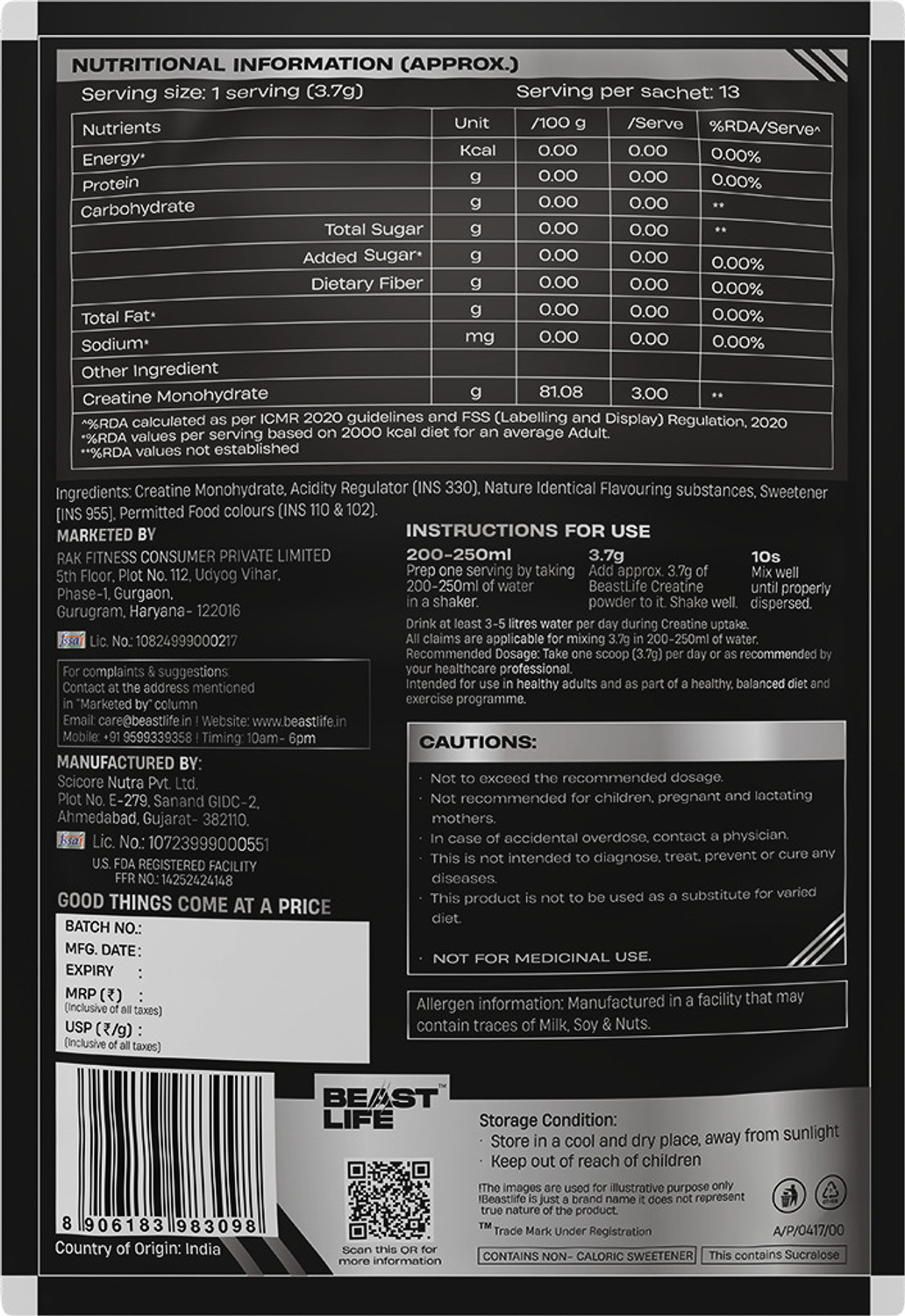 Image of BeastLife Creatine Monohydrate | 13 Servings | Micronised Creatine| NABL Lab Tested Creatine (50 g, Tropical Tango)