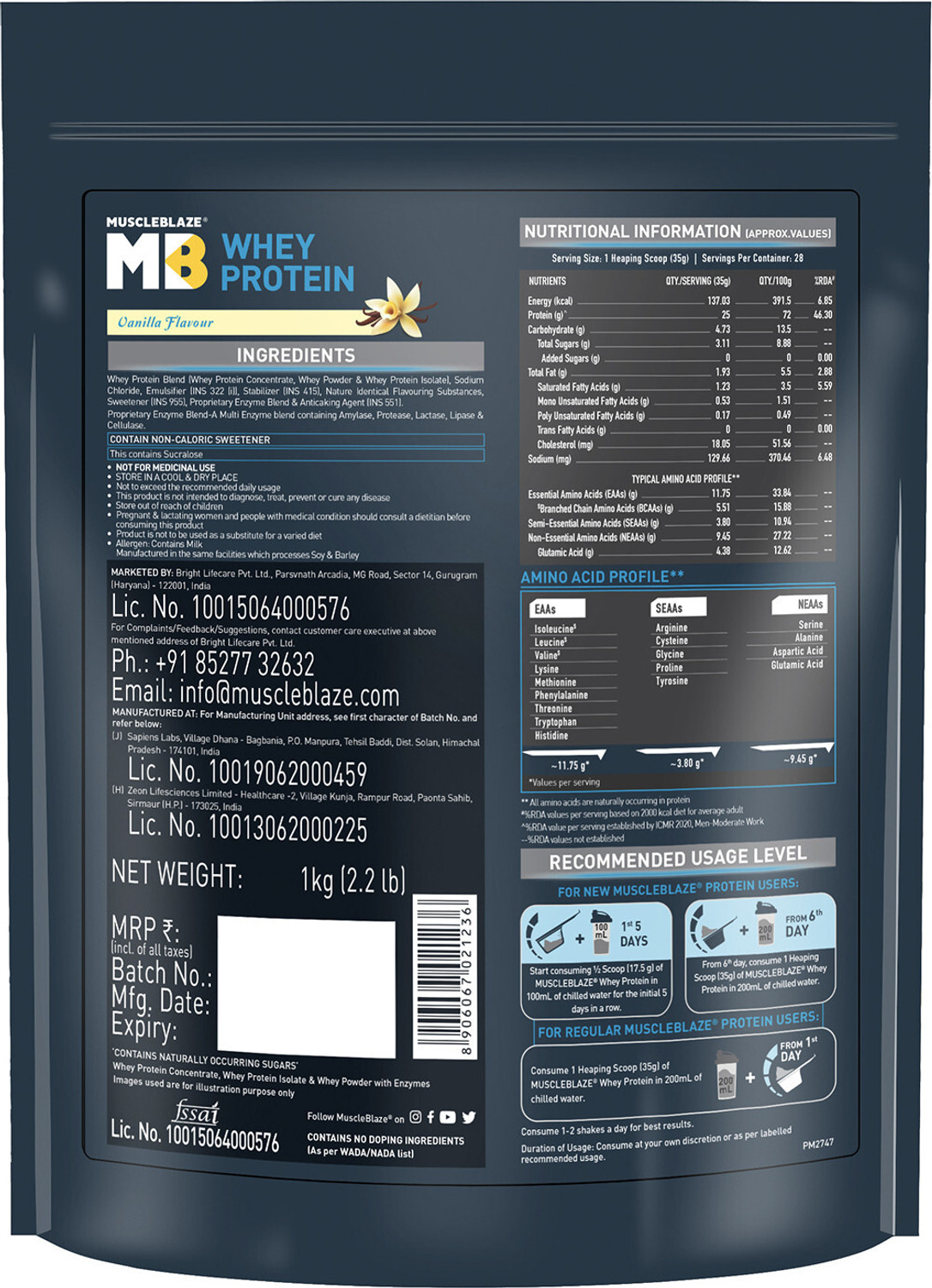 Image of MUSCLEBLAZE 100% Whey Protein, Ultra Premium Whey Blend Whey Protein (1 kg, Vanilla)