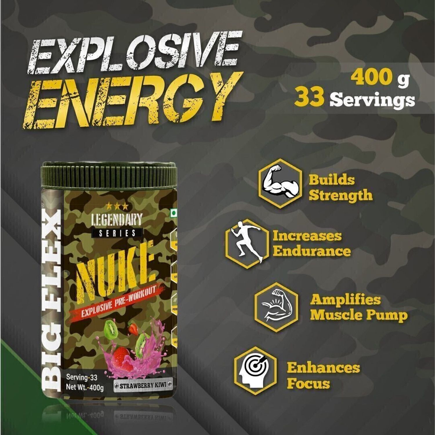Image of Bigflex Nuke Pre-Workout Supplement Creatine (400 g, Strawberry Kiwi)