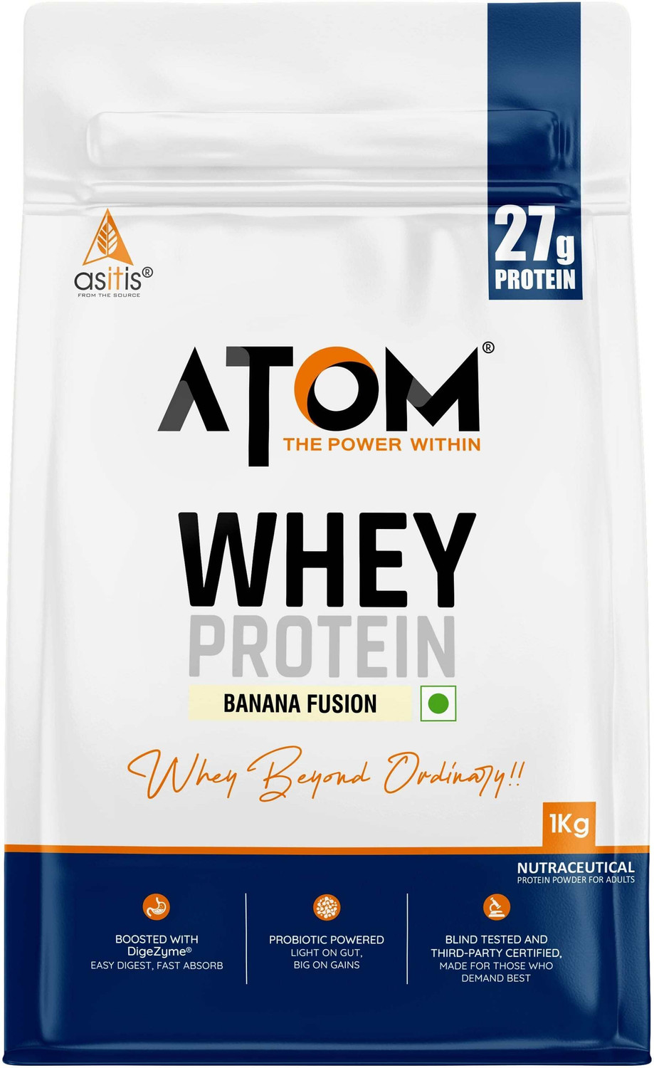 AS-IT-IS Nutrition ATOM Whey Protein 1kg with Digestive Enzymes | USA Labdoor Certified for Purity Whey Protein