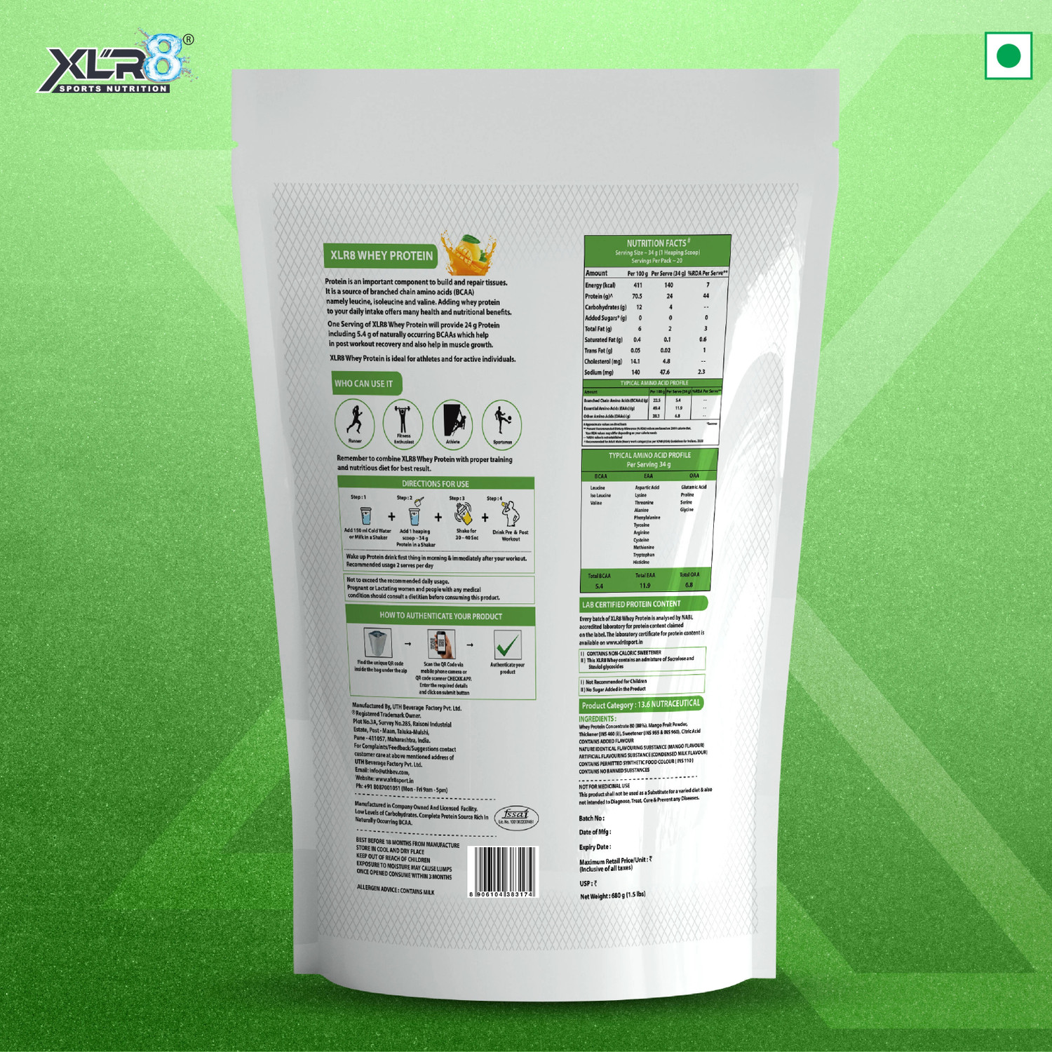 Image of XLR8 with 24 g Protein, 5.4 g BCAA Whey Protein (1.5 pounds, Mango)