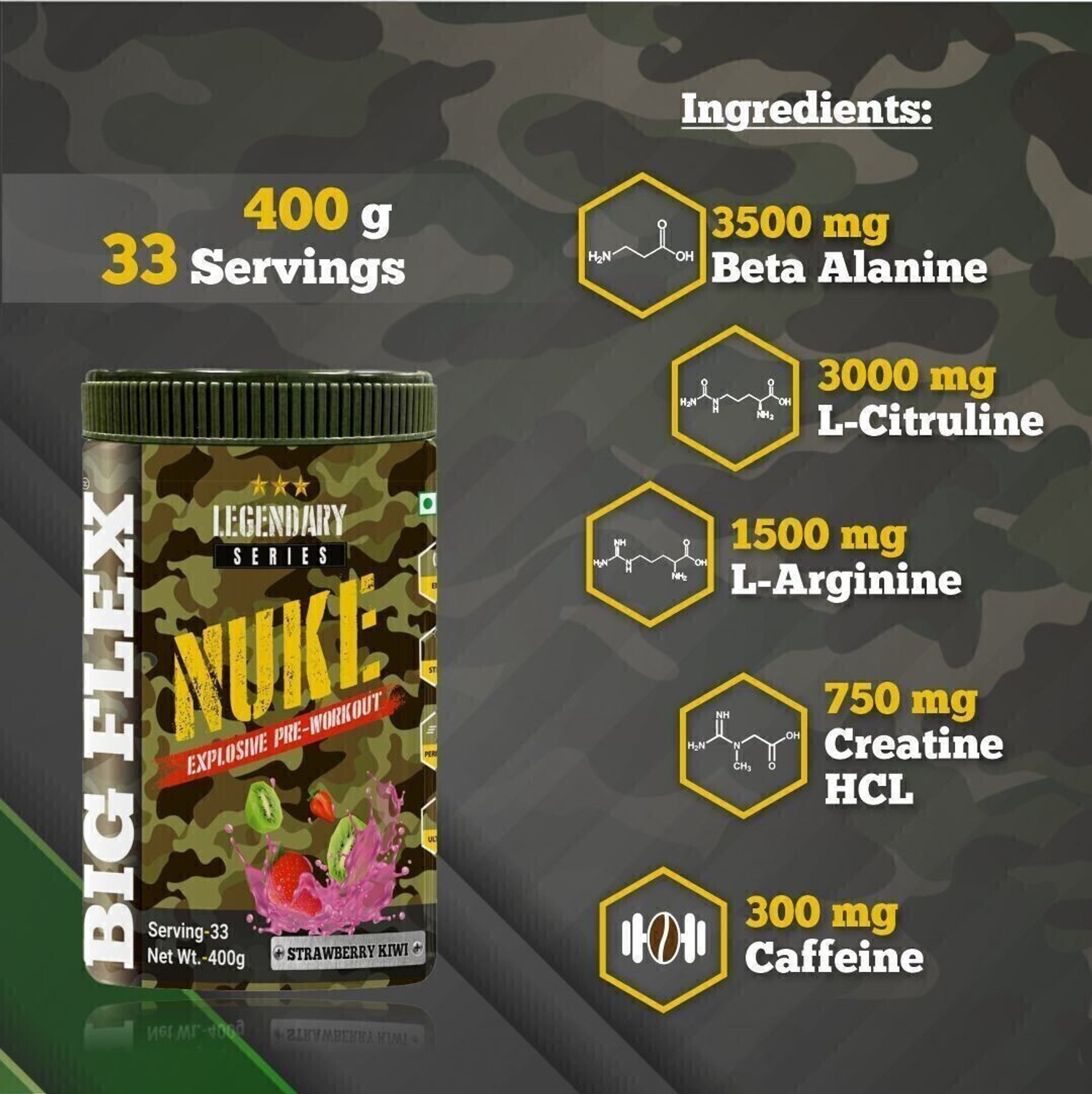 Image of Bigflex Nuke Pre-Workout Supplement Creatine (400 g, Strawberry Kiwi)