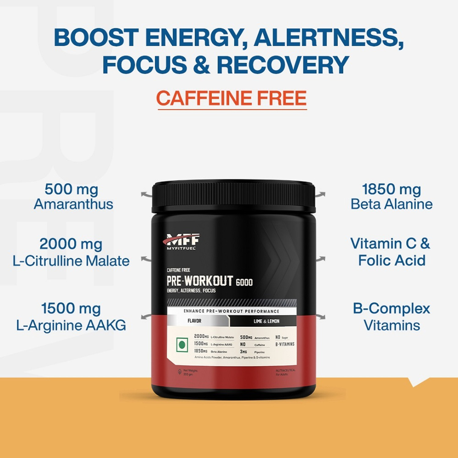 Image of MyFitFuel Pre-Workout 6000 Caffeine Free (5.35g Aminos+8 More Energy, Focus) 200gLimeLemon BCAA (200 g, Lime & Lemon)