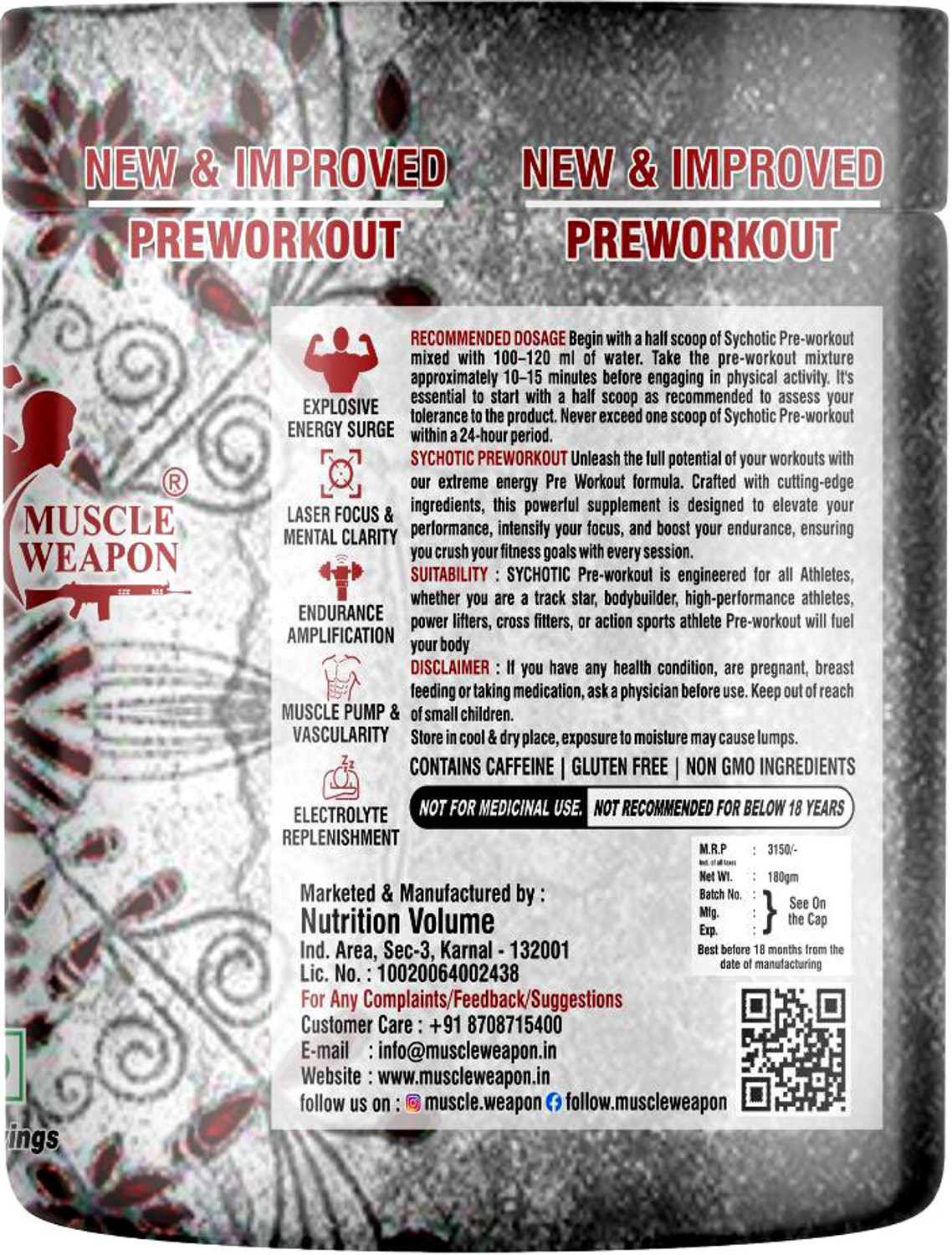 Image of Muscle Weapon Sychotic Preworkout 30 servings| Energy | Focus | Pump Pre Workout (180 g, Meetha Paan)