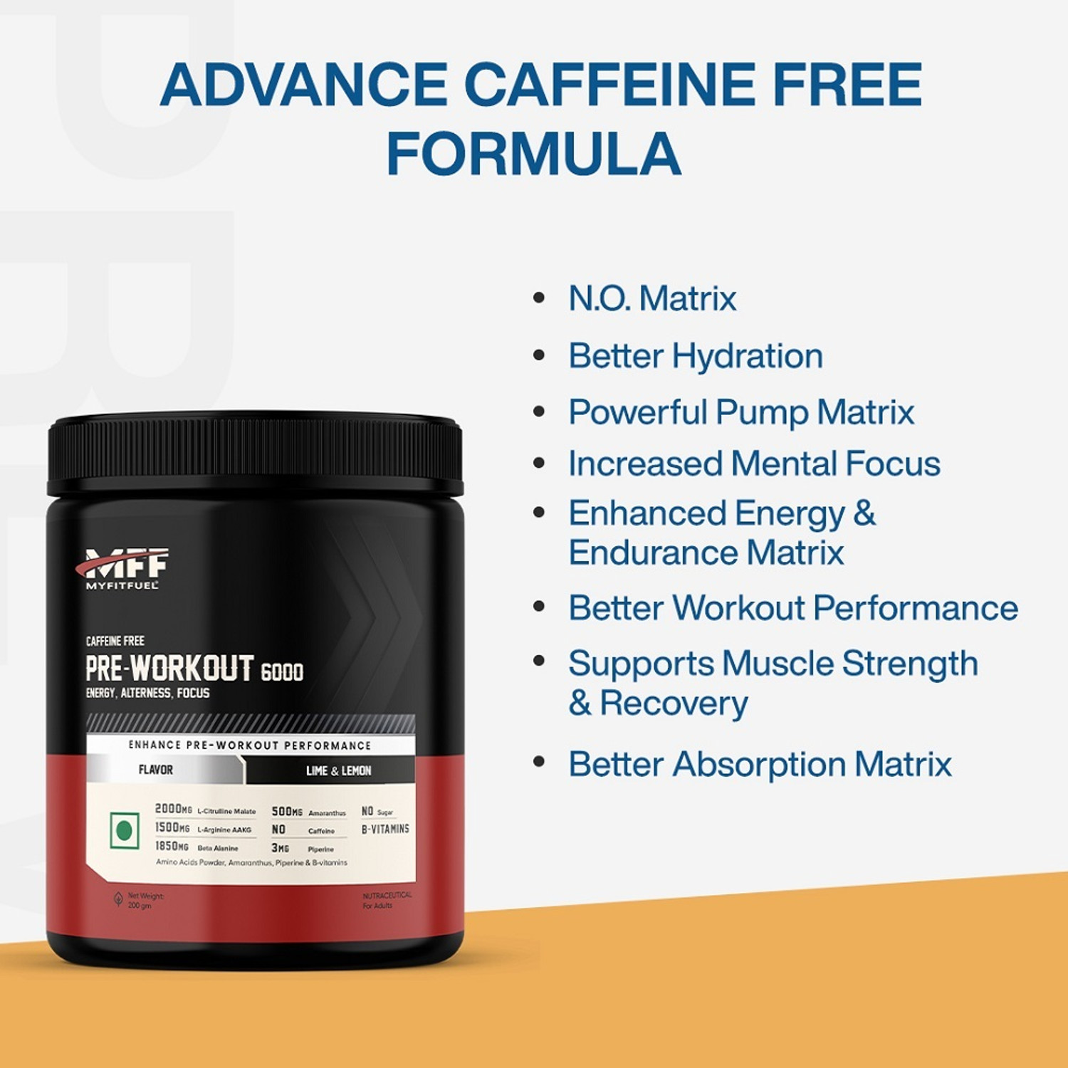 Image of MyFitFuel Pre-Workout 6000 Caffeine Free (5.35g Aminos+8 More Energy, Focus) 200gLimeLemon BCAA (200 g, Lime & Lemon)