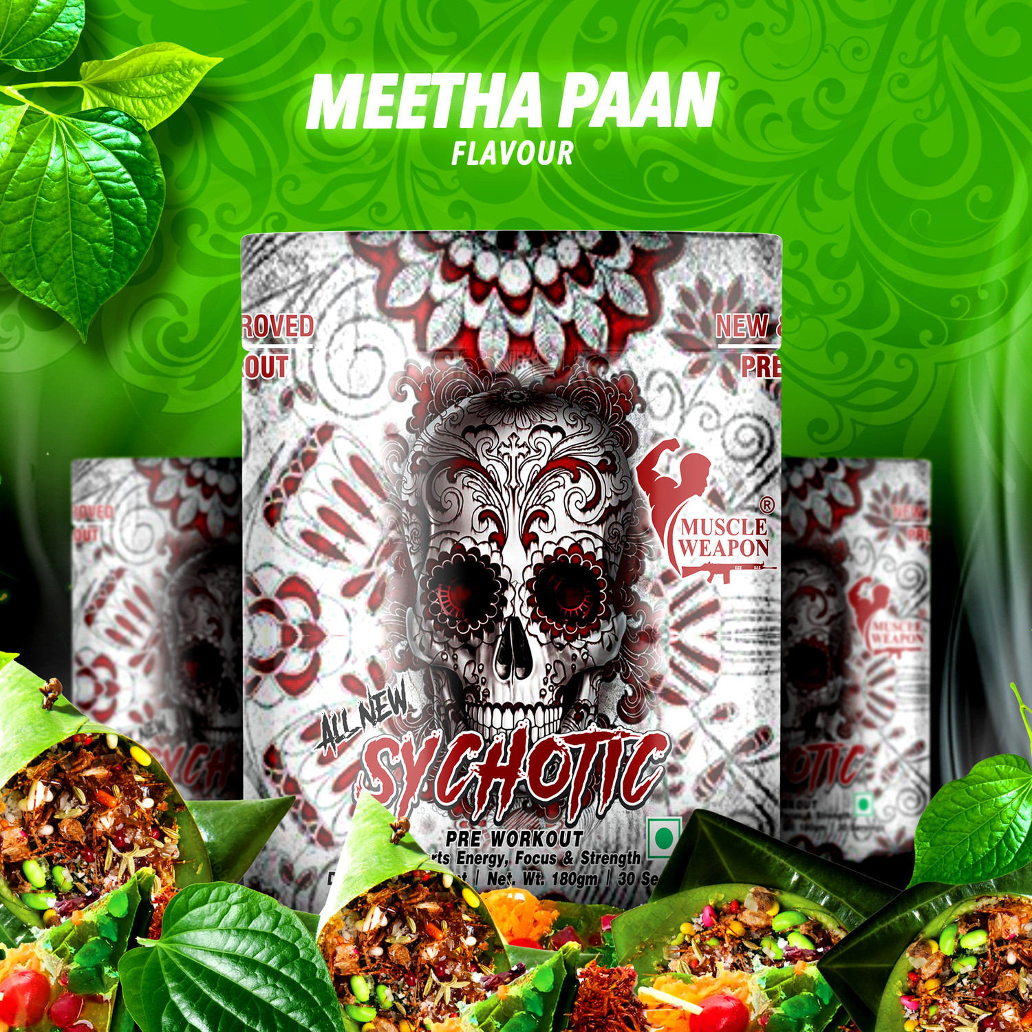 Image of Muscle Weapon Sychotic Preworkout 30 servings| Energy | Focus | Pump Pre Workout (180 g, Meetha Paan)