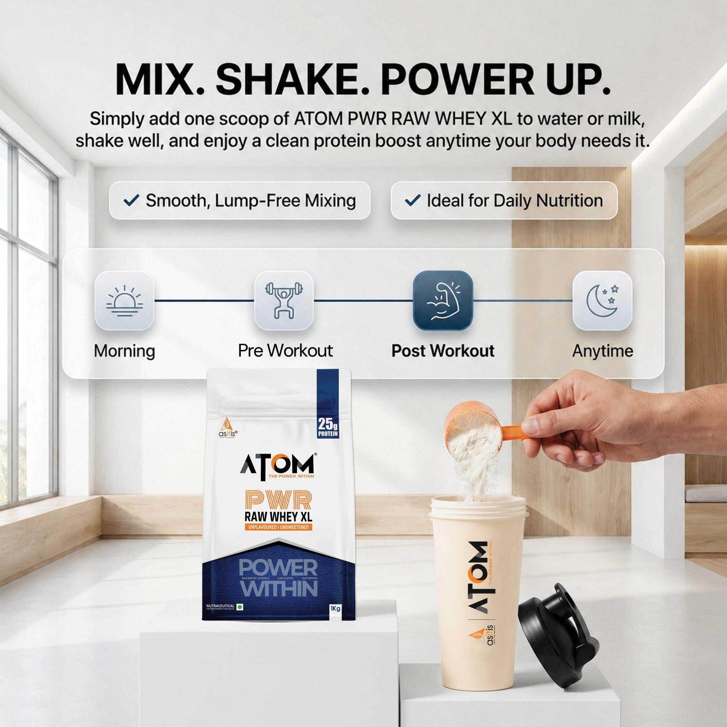 Image of AS-IT-IS Nutrition ATOM PWR RAW Whey XL with Yeast Protein DigeZyme Muscle Gains & Strength Yeast Protein (1 kg, Unflavoured)