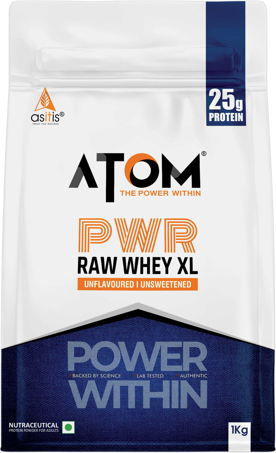 Image of AS-IT-IS Nutrition ATOM PWR RAW Whey XL with Yeast Protein DigeZyme Muscle Gains & Strength Yeast Protein (1 kg, Unflavoured)