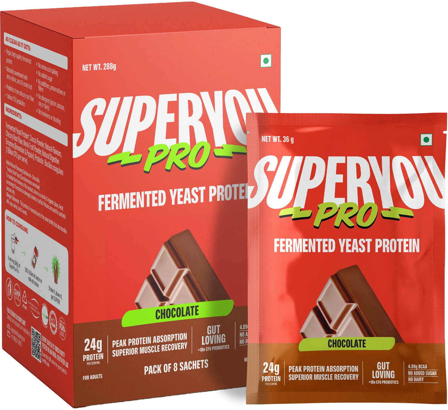 Image of Super You Pro Fermented Yeast Protein(Pack of 5) | 24g Protein | Superior Muscle Recovery Plant-Based Protein (180 g, Chocolate)