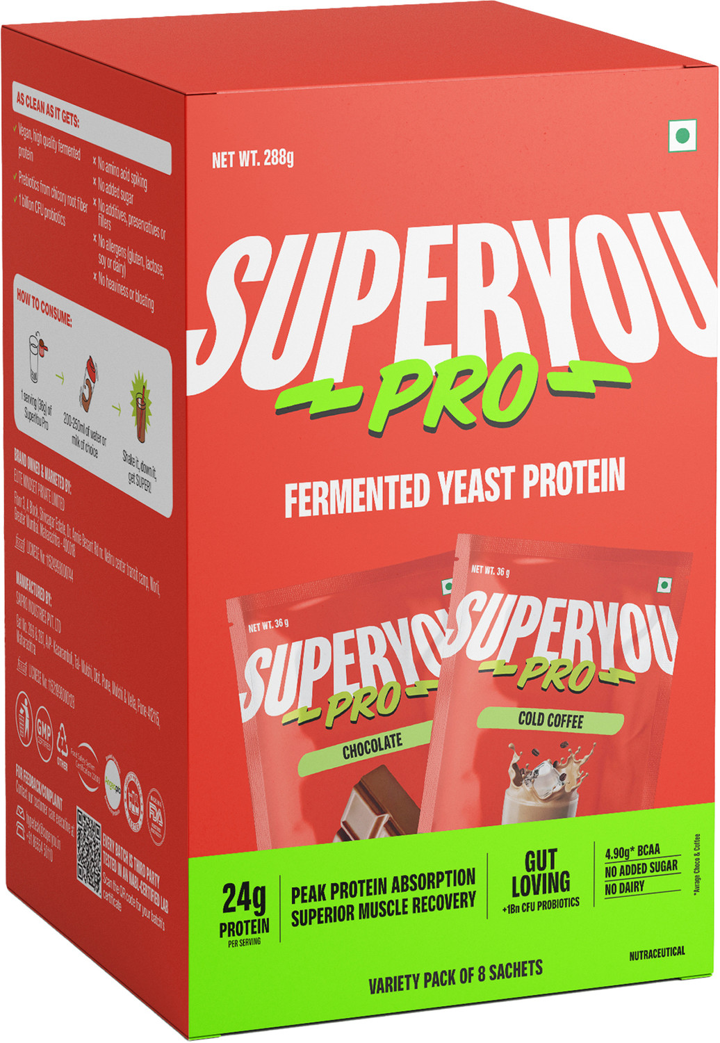 Image of Super You Pro Fermented Yeast Protein(Pack of 5) | 24g Protein | Superior Muscle Recovery Plant-Based Protein (180 g, Chocolate)
