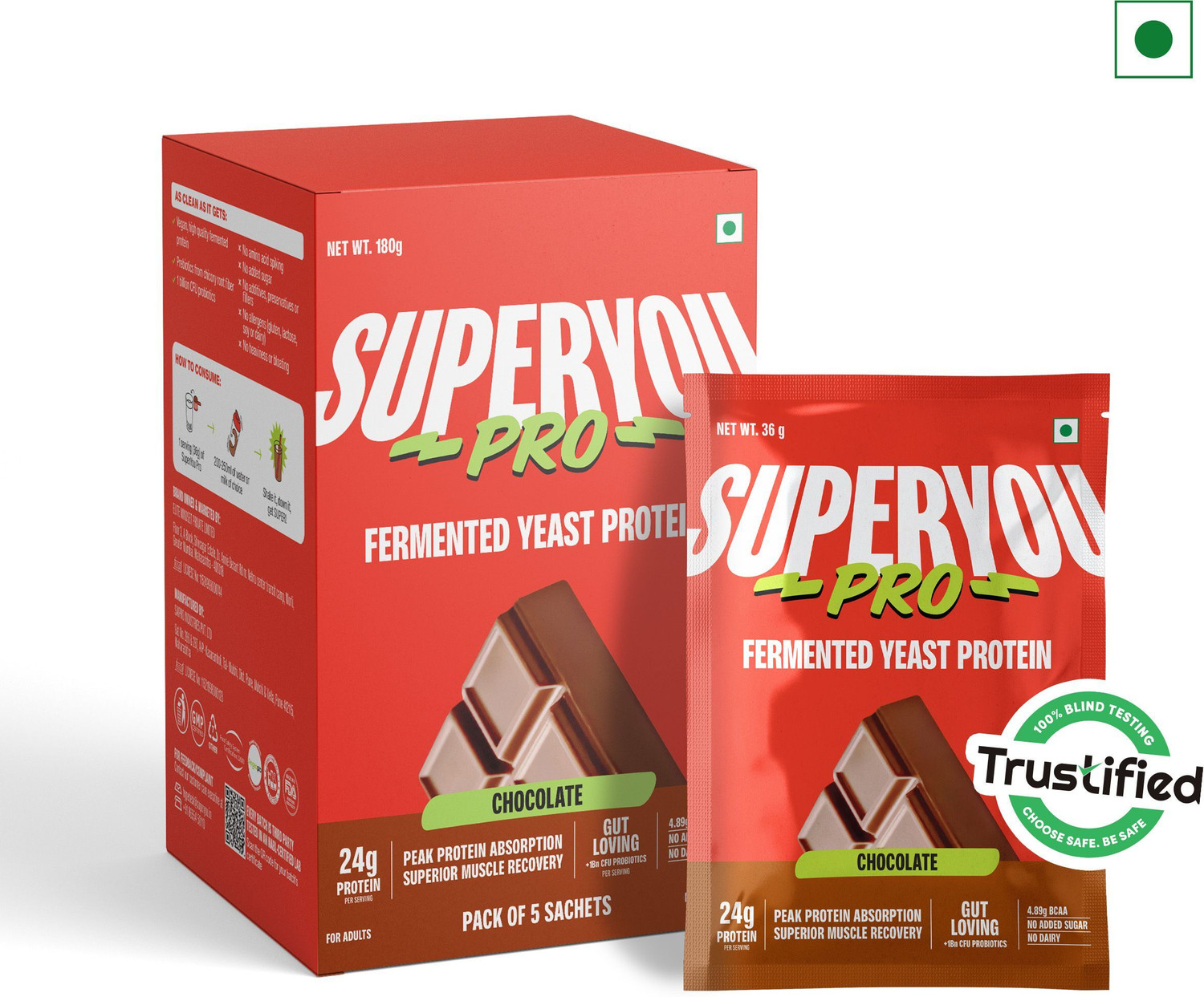 Image of Super You Pro Fermented Yeast Protein(Pack of 5) | 24g Protein | Superior Muscle Recovery Plant-Based Protein (180 g, Chocolate)