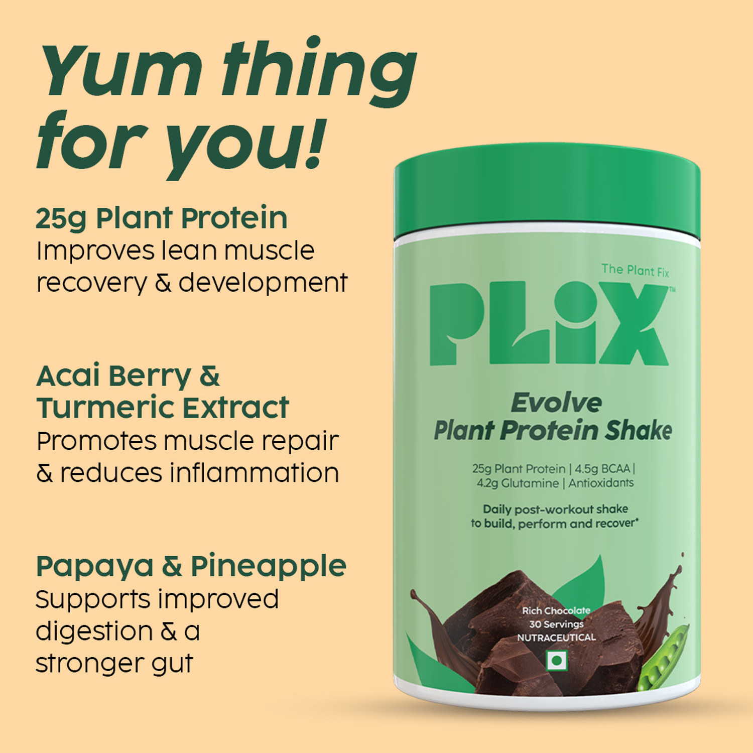 Image of The Plant Fix Plix EVOLVE Vegan Performance Plant Protein Powder 25G Protein, Boost immunity, Vit B12 Plant-Based Protein (1 kg, Chocolate)