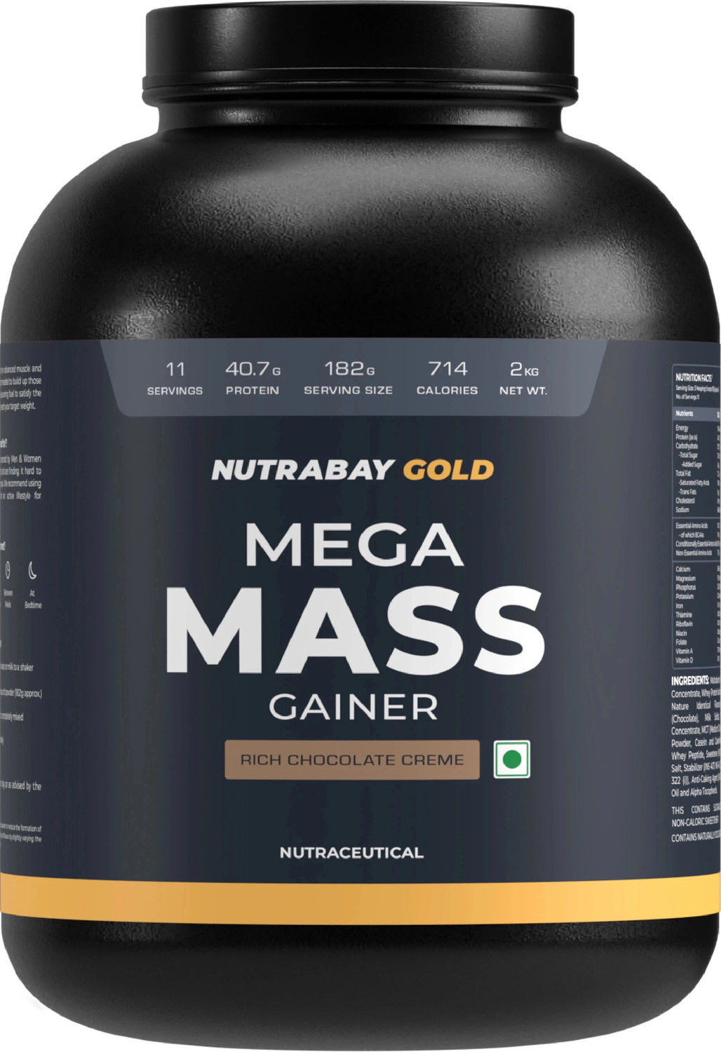 Image of Nutrabay Gold Bulk Mass Gainer, 30g Protein, 554 Calories, Carbs to Protein Blend (3:1) Weight Gainers /Mass Gainers (3 kg, Chocolate)