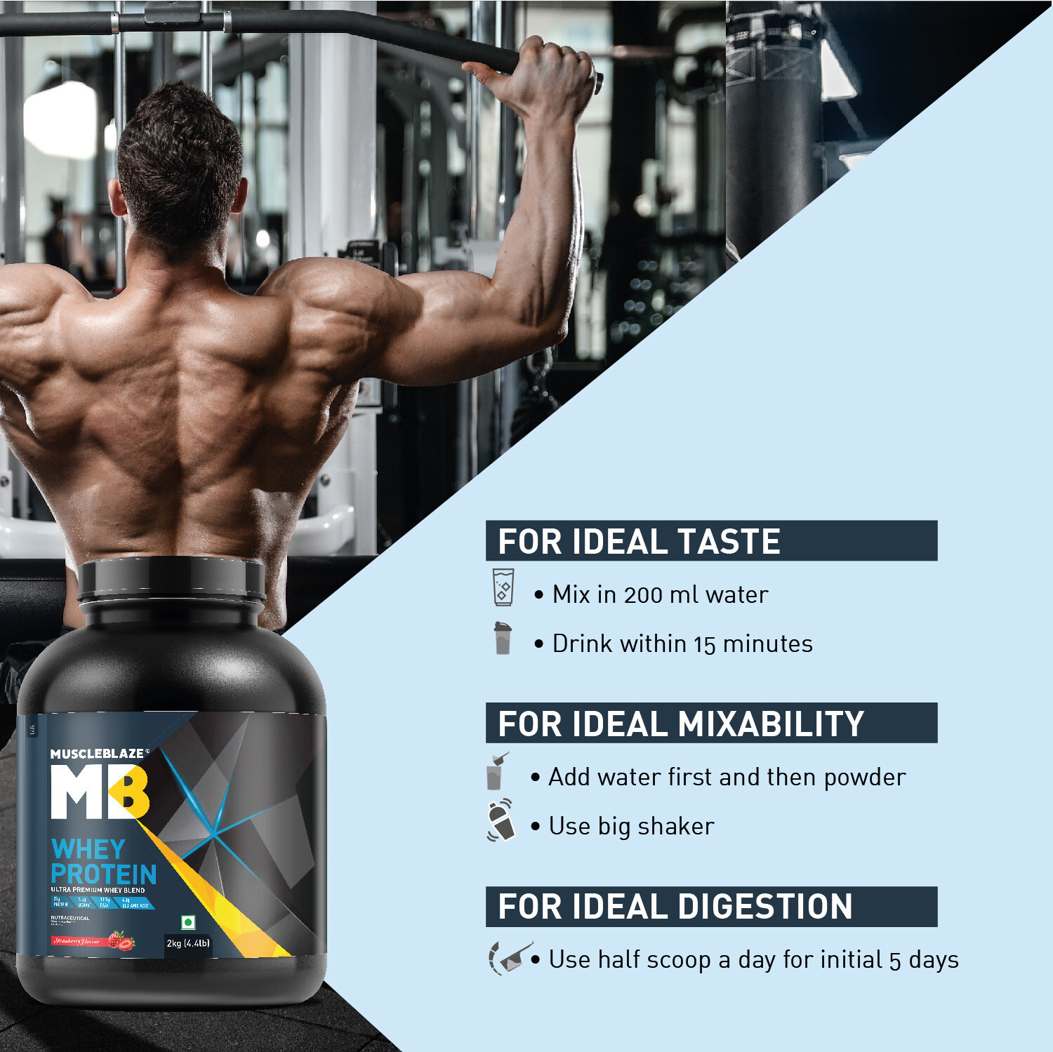 Image of MUSCLEBLAZE 100% Whey Protein, Ultra Premium Whey Blend Whey Protein (2 kg, Strawberry)