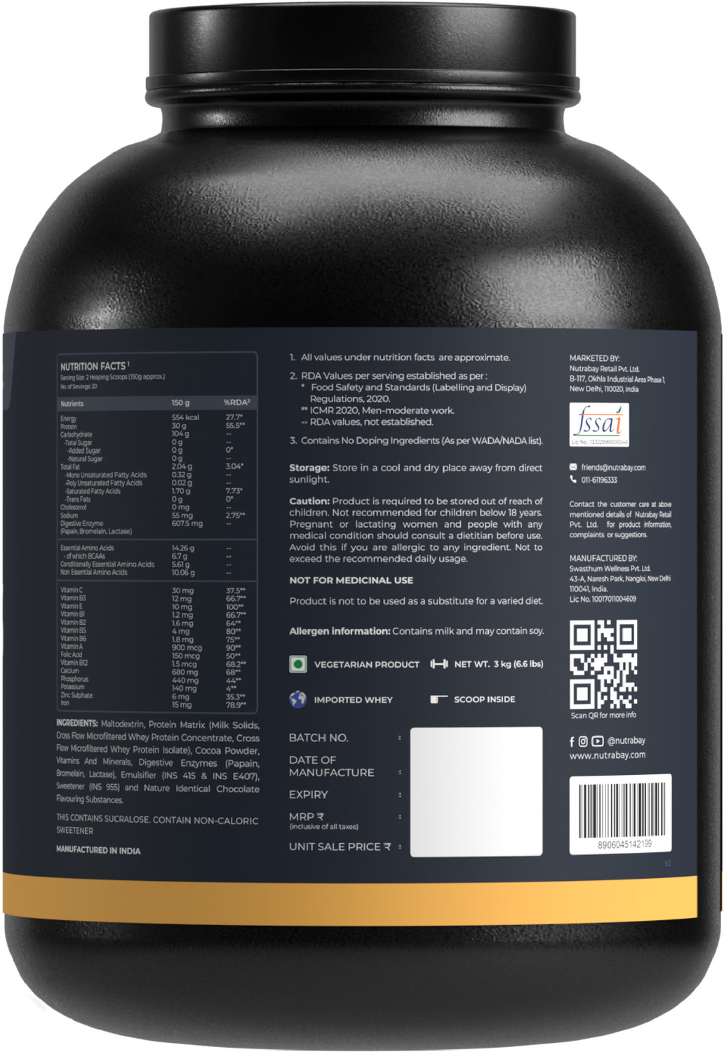 Image of Nutrabay Gold Bulk Mass Gainer, 30g Protein, 554 Calories, Carbs to Protein Blend (3:1) Weight Gainers /Mass Gainers (3 kg, Chocolate)