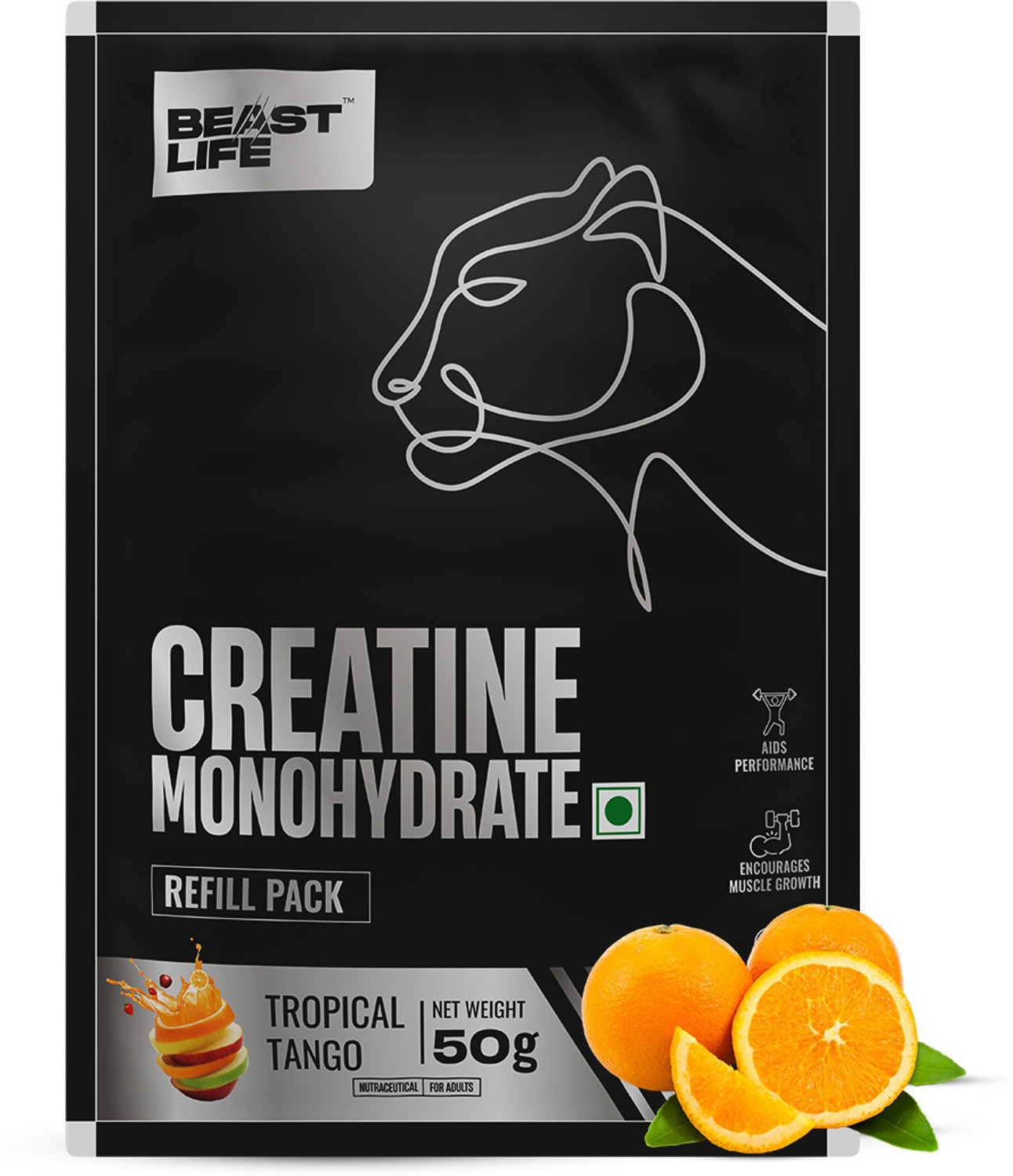 Image of BeastLife Creatine Monohydrate | 13 Servings | Micronised Creatine| NABL Lab Tested Creatine (50 g, Tropical Tango)