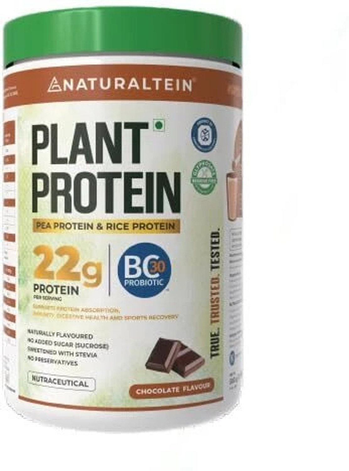Image of NATURALTEIN Plant Protein - 22g Protein with BC30 Probiotic, No Sugar Plant-Based Protein (1 kg, Chocolate)