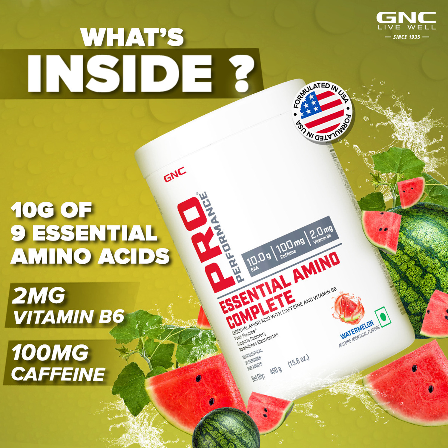 Image of GNC Ind Essential Amino Complete Watermelon Powder 450gm EAA (Essential Amino Acids) (450 g, Watermelon)