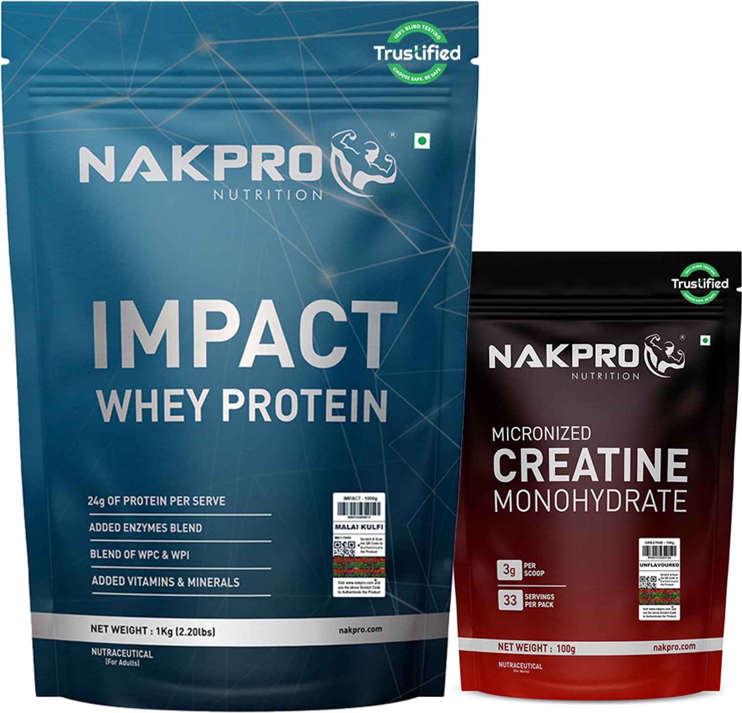 Nakpro Impact Whey Protein 1kg Isolate & Concentrate & 100g Creatine Monohydrate Powder Whey Protein