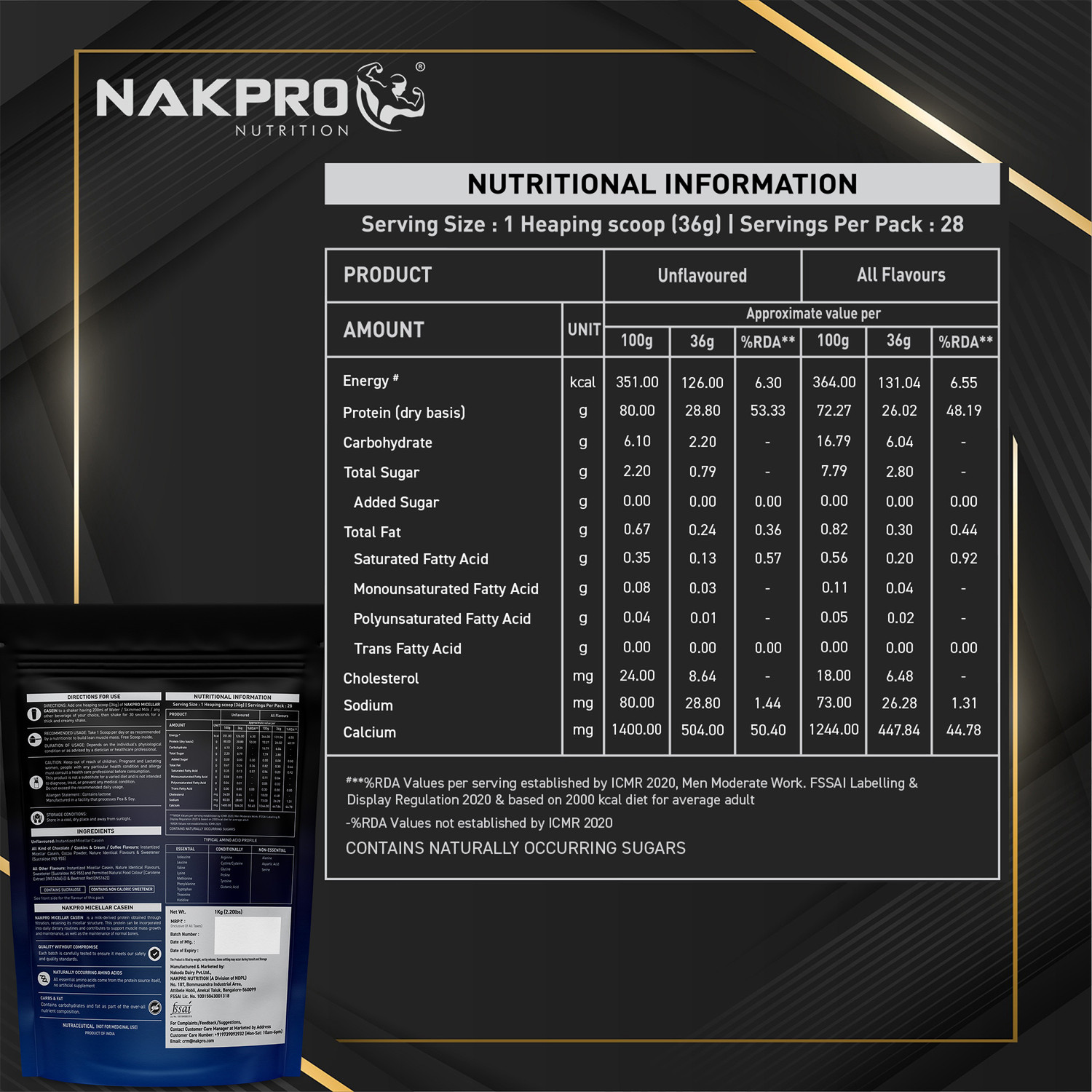 Image of Nakpro 100% Pure Micellar Casein Protein (1 kg, Banana)