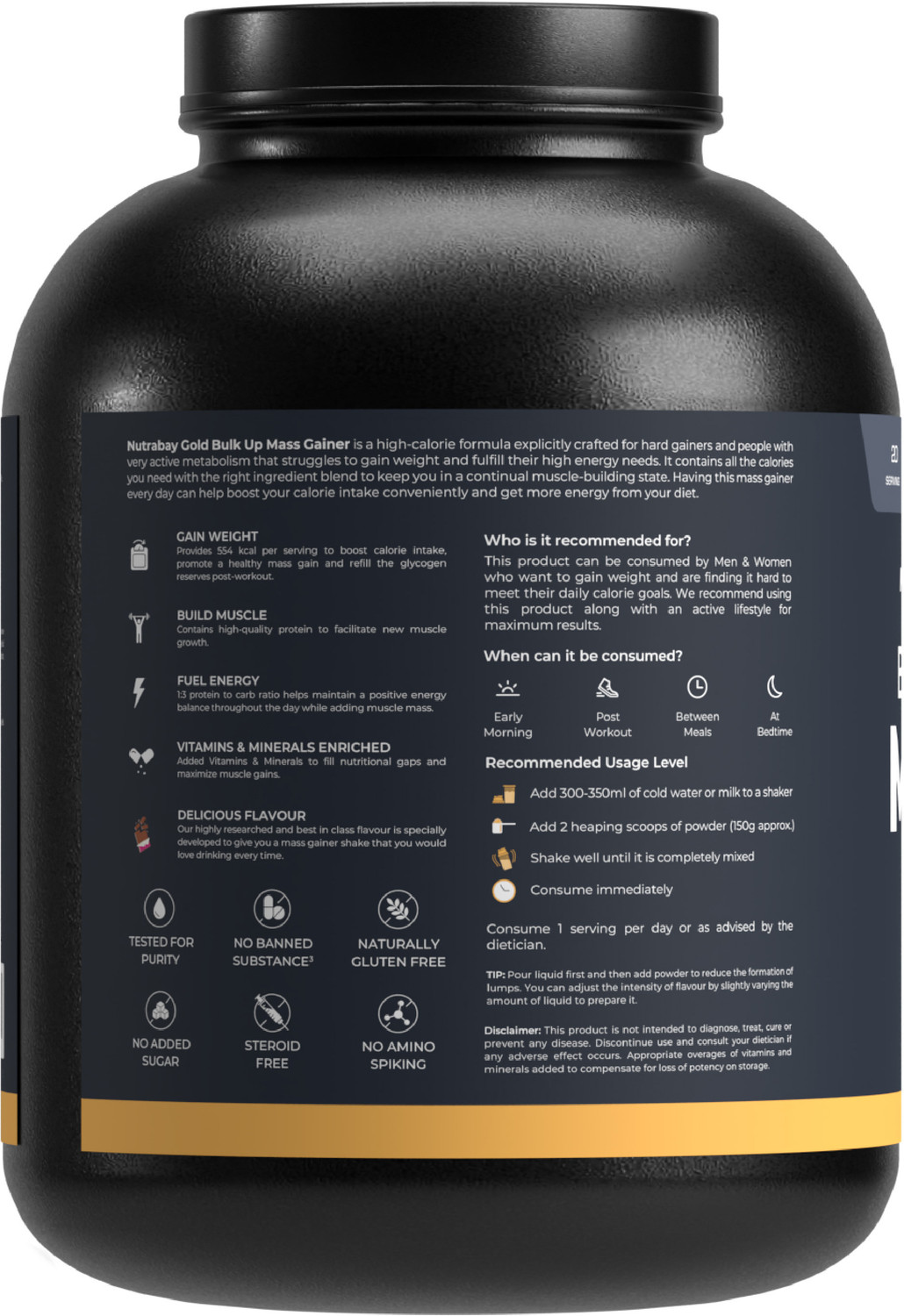Image of Nutrabay Gold Bulk Mass Gainer, 30g Protein, 554 Calories, Carbs to Protein Blend (3:1) Weight Gainers /Mass Gainers (3 kg, Chocolate)