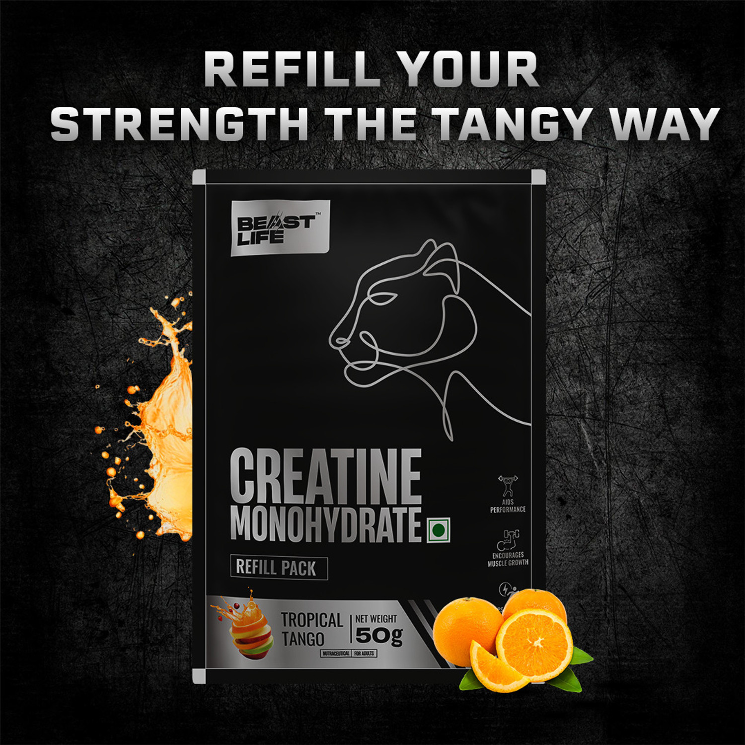 Image of BeastLife Creatine Monohydrate | 13 Servings | Micronised Creatine| NABL Lab Tested Creatine (50 g, Tropical Tango)