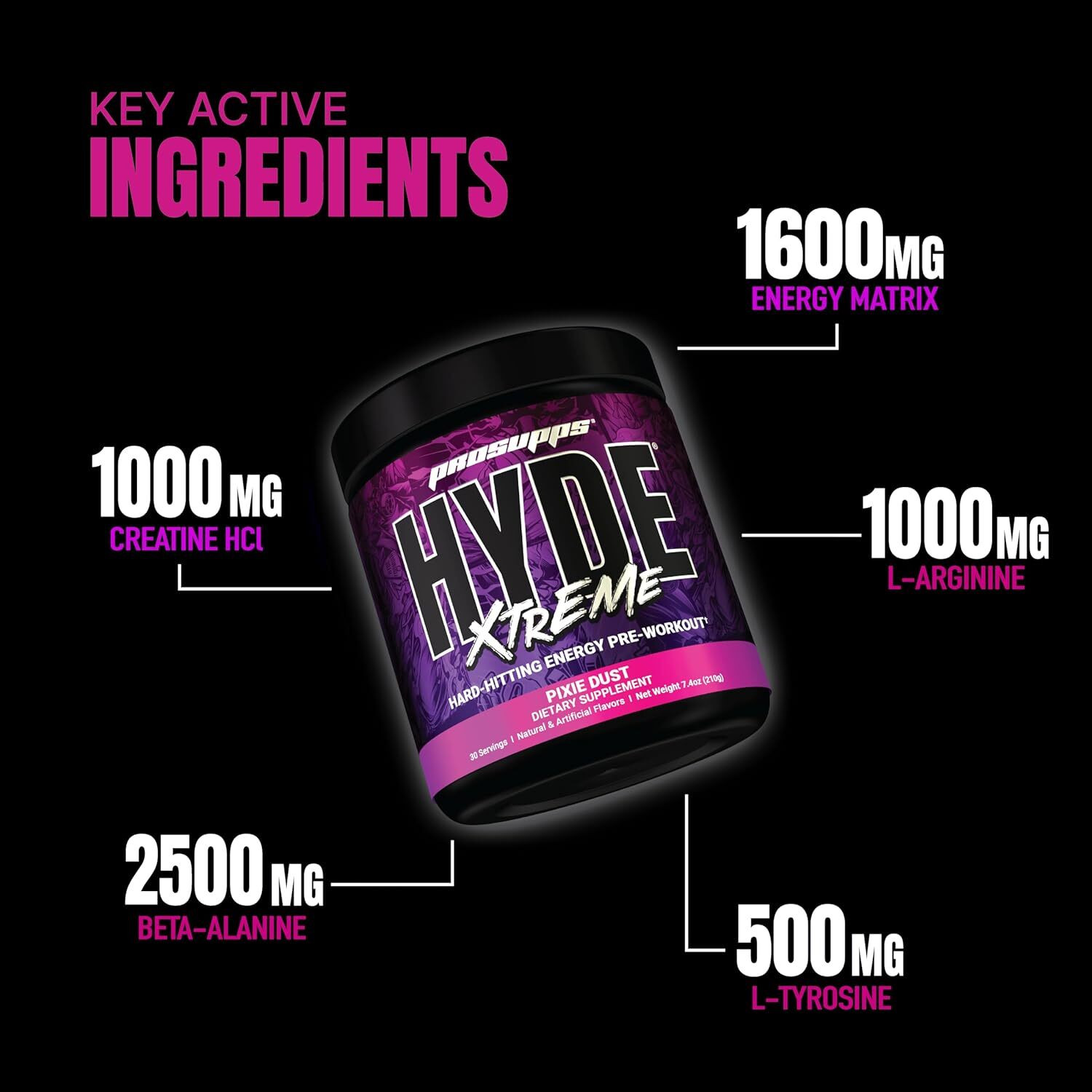 Image of PROSUPPS Hyde Xtreme - Hard Hitting | Caffeine, Beta-alanine, Creatine HCl, L-arginine | Pre Workout (195 g, Pixie Dust)