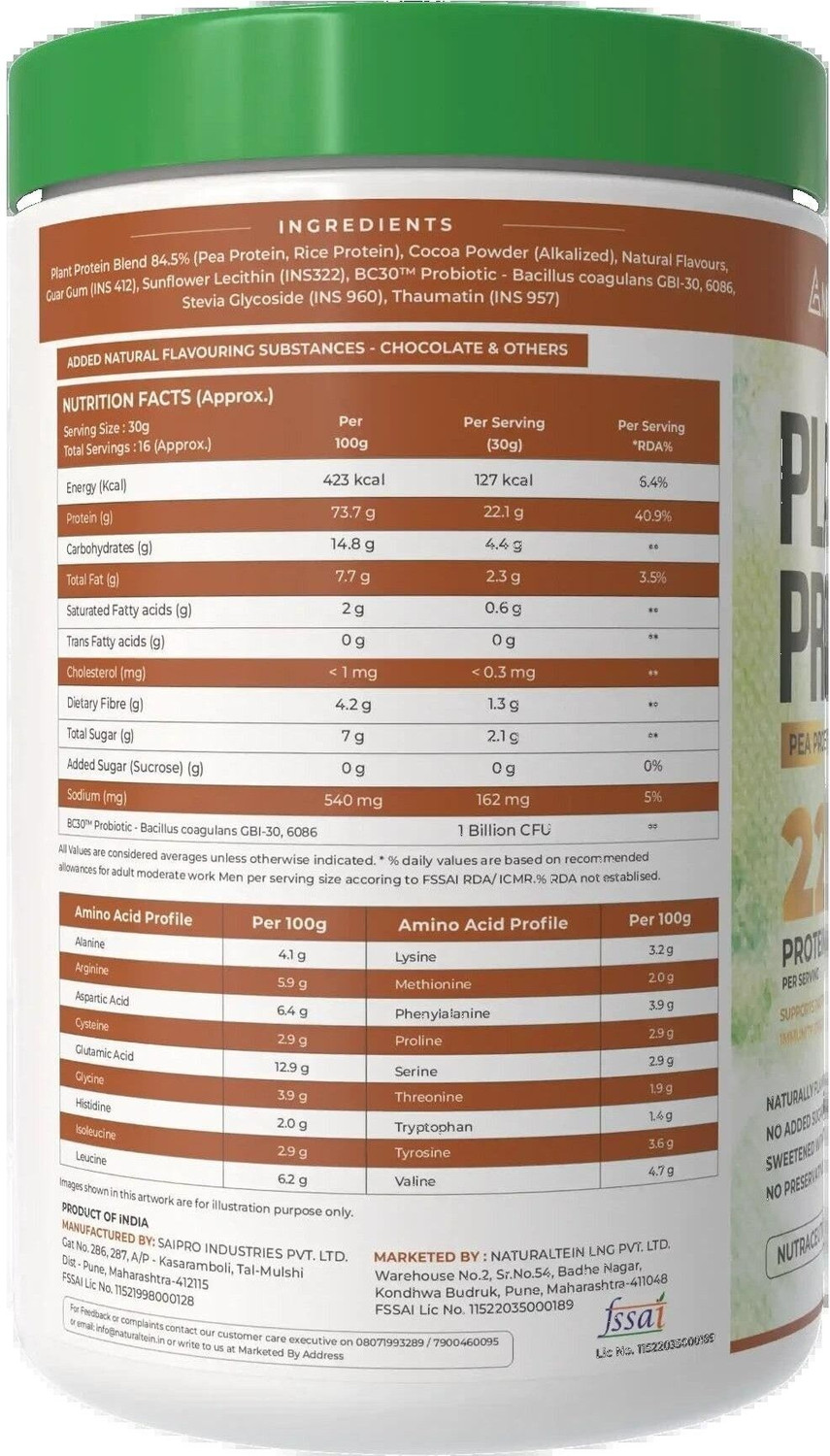 Image of NATURALTEIN Plant Protein - 22g Protein with BC30 Probiotic, No Sugar Plant-Based Protein (1 kg, Chocolate)