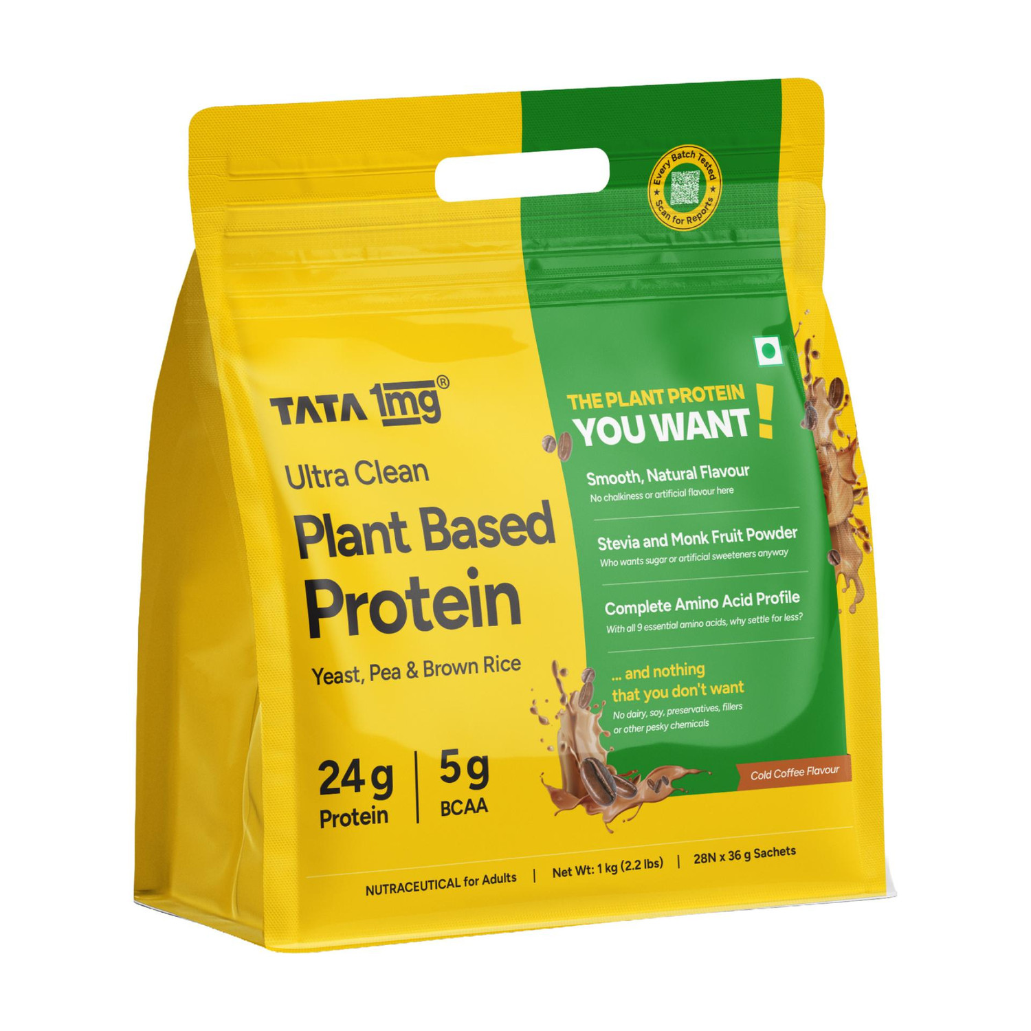 Image of TATA 1mg Ultra Clean Protein Powder - 24g Smooth & Creamy Vegan Protein- 28 sachets Plant-Based Protein (1 kg, Coffee)